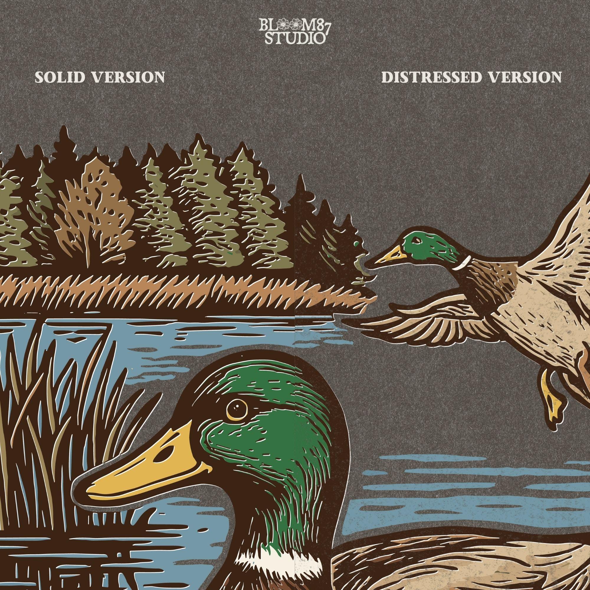 Two mallard ducks in a peaceful summer lake scene with pine trees and blue water, one swimming and one flying.