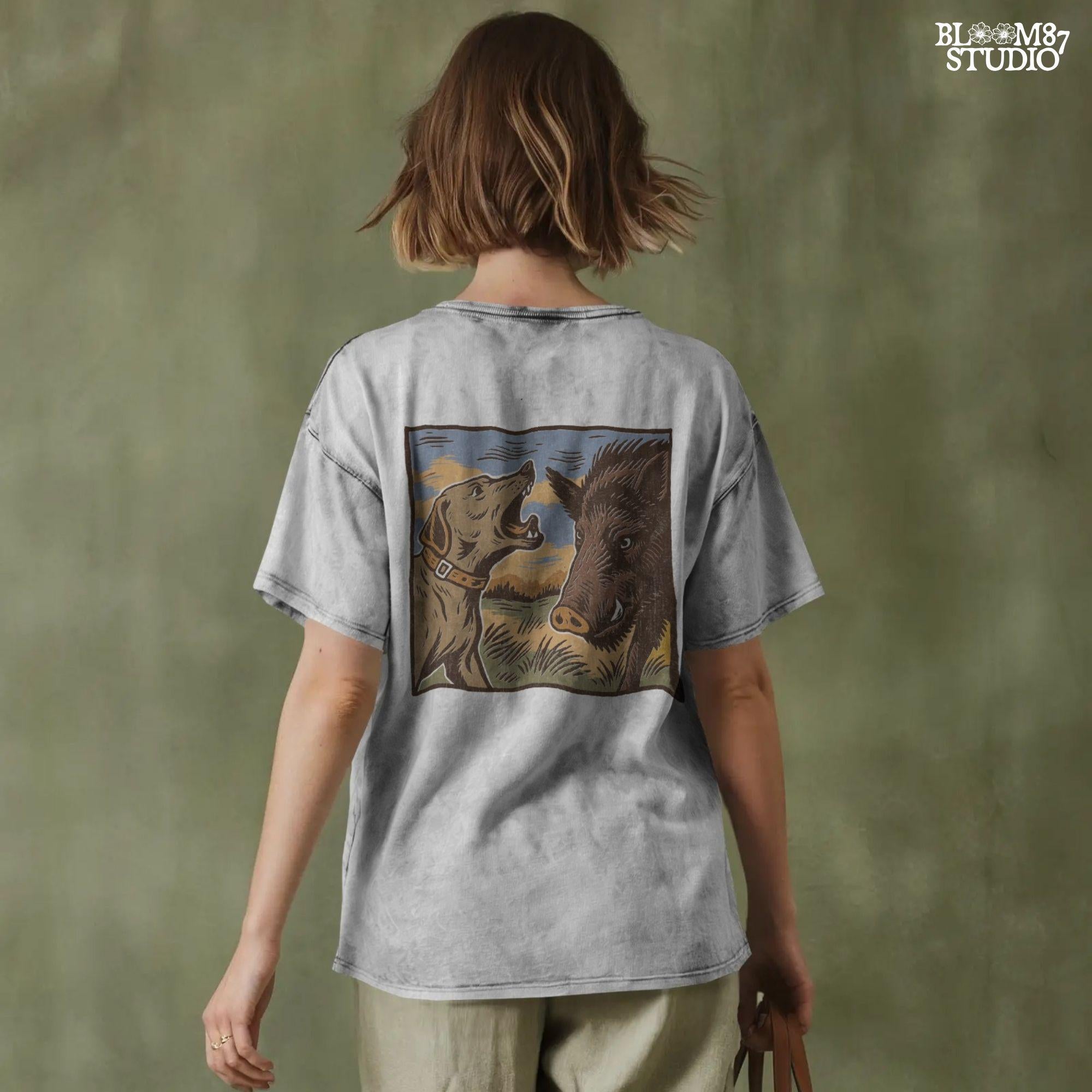 Vintage illustration of a hunting dog barking at a wild boar in a grassy southern field with a sunset background.