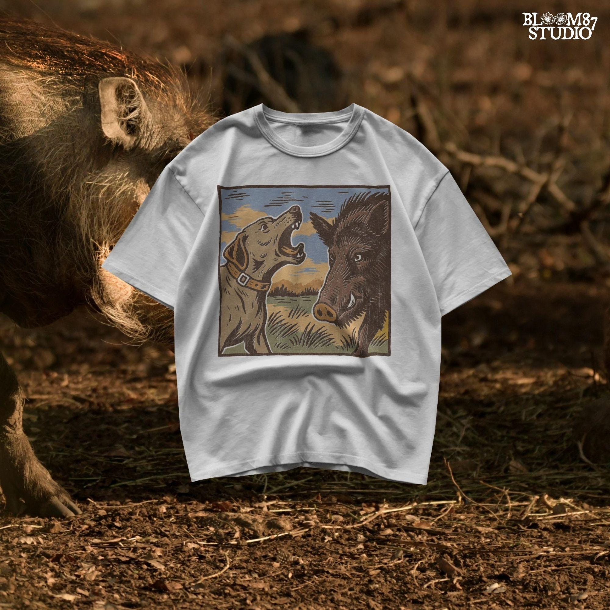 Vintage illustration of a hunting dog barking at a wild boar in a grassy southern field with a sunset background.