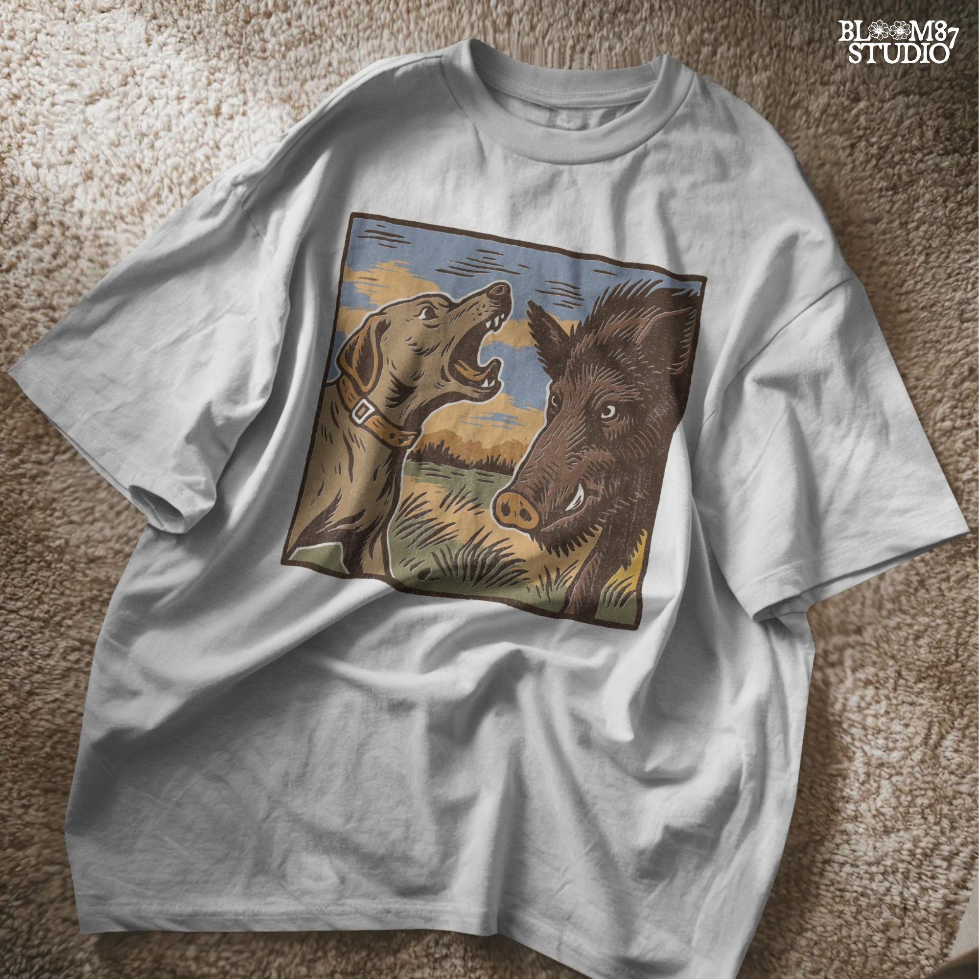 Vintage illustration of a hunting dog barking at a wild boar in a grassy southern field with a sunset background.