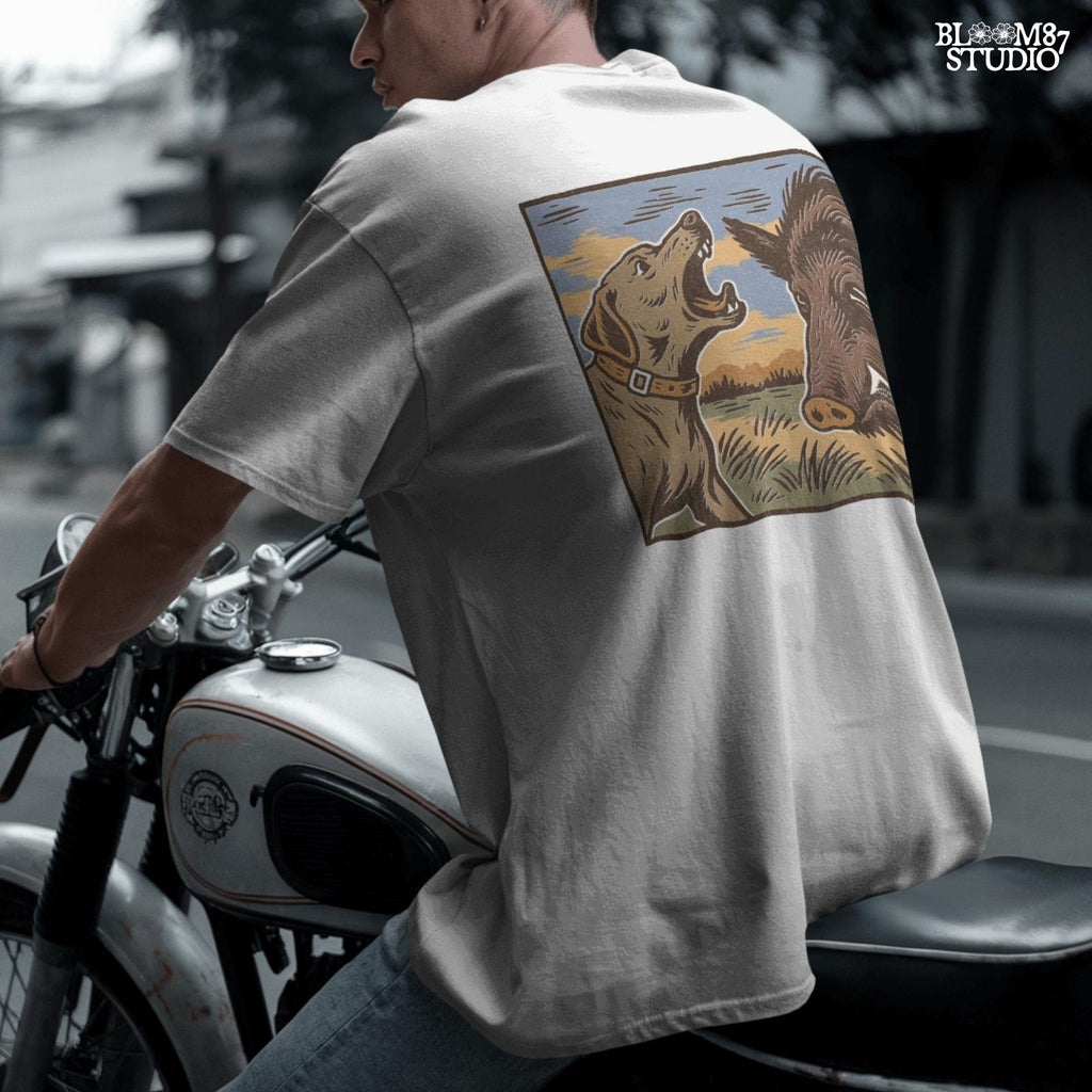 Vintage illustration of a hunting dog barking at a wild boar in a grassy southern field with a sunset background.