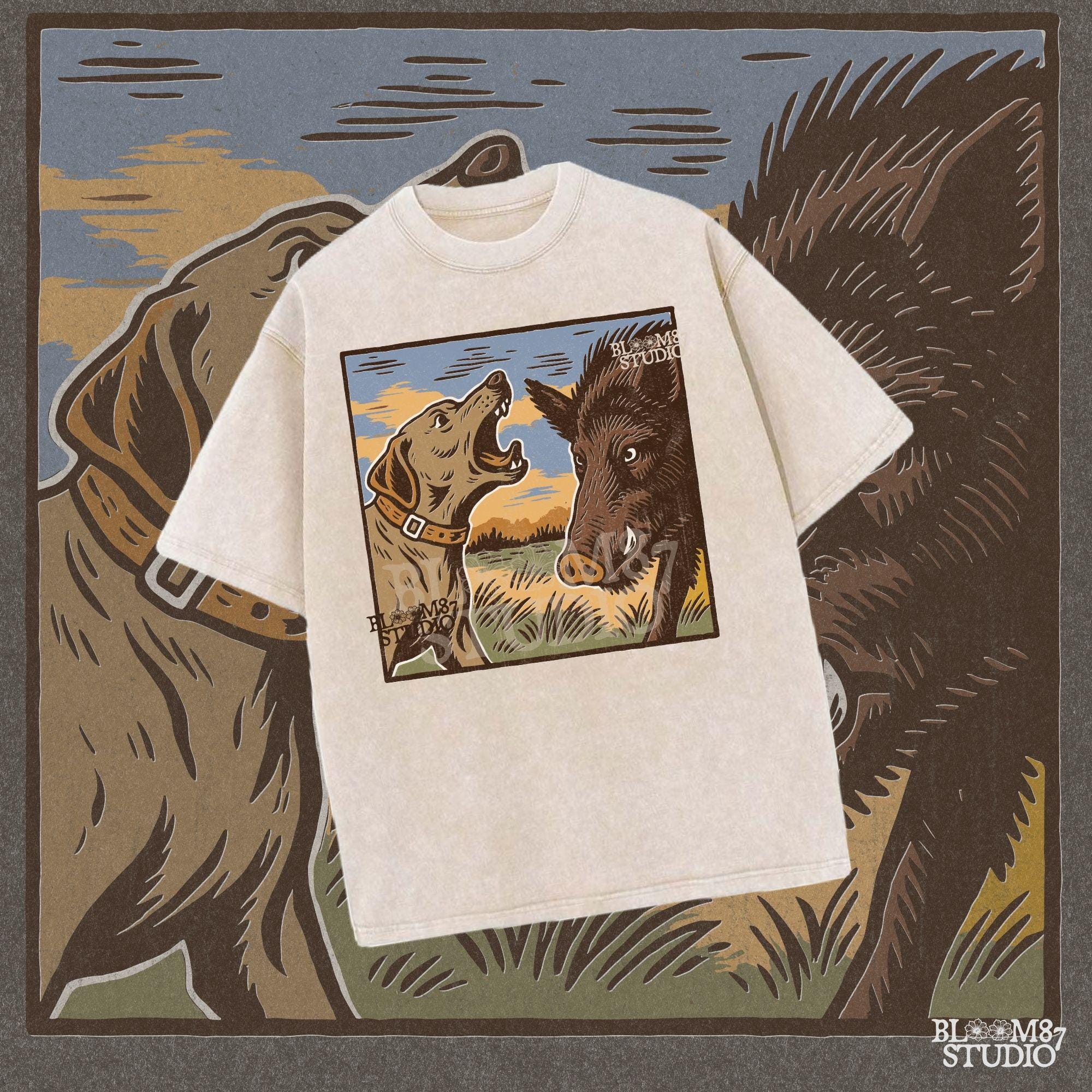 Vintage illustration of a hunting dog barking at a wild boar in a grassy southern field with a sunset background.