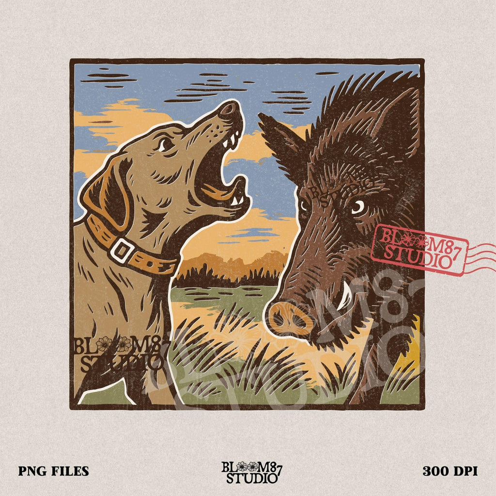 Vintage illustration of a hunting dog barking at a wild boar in a grassy southern field with a sunset background.