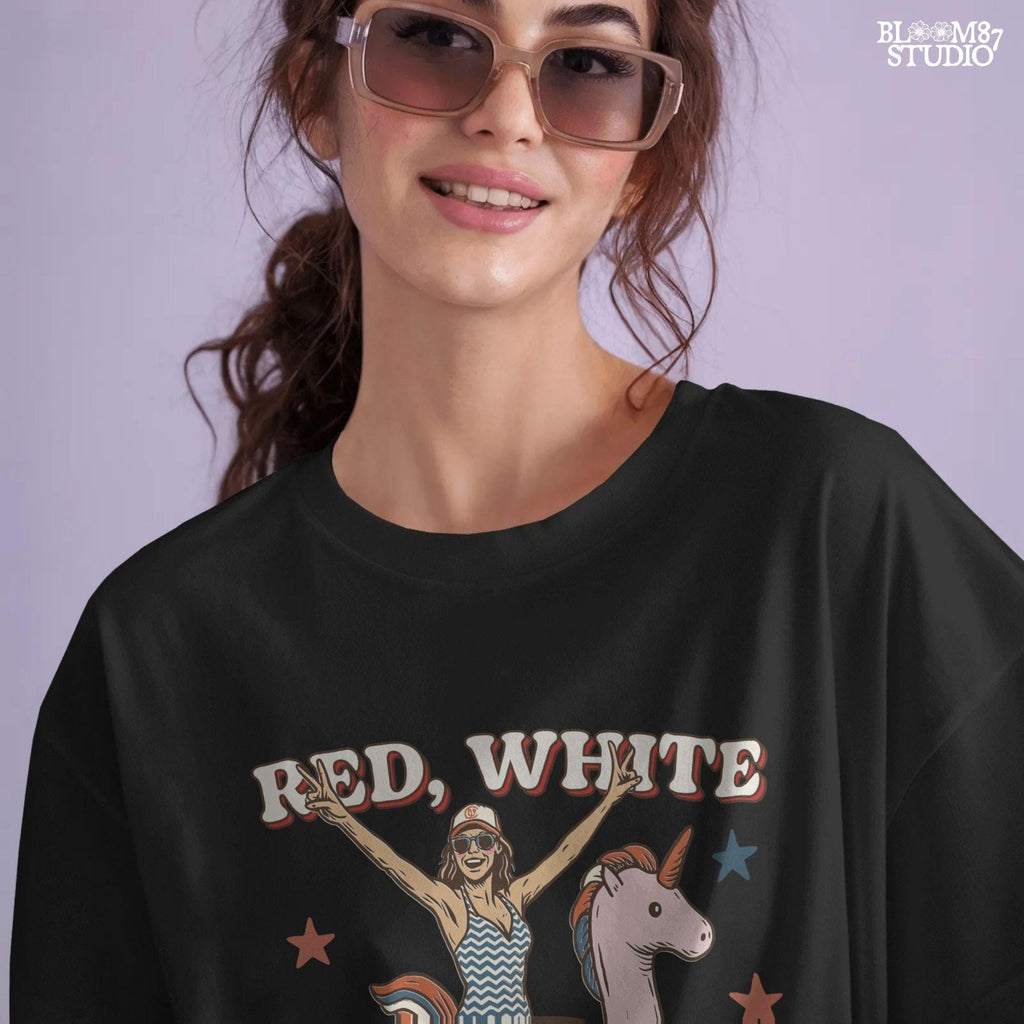 Red White and Feral PNG, Fourth of July Girl Clipart, Patriotic Unicorn Floatie, Summer Pool Babe Png, USA Vintage Graphic Summer USA Design