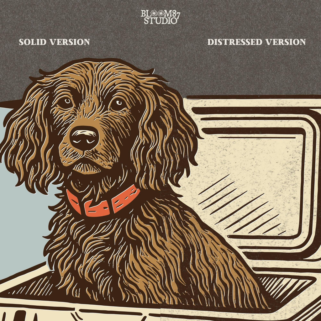 Hunting dog with curly fur sitting inside a camouflage cooler marked “USA” in a retro-style outdoors graphic.