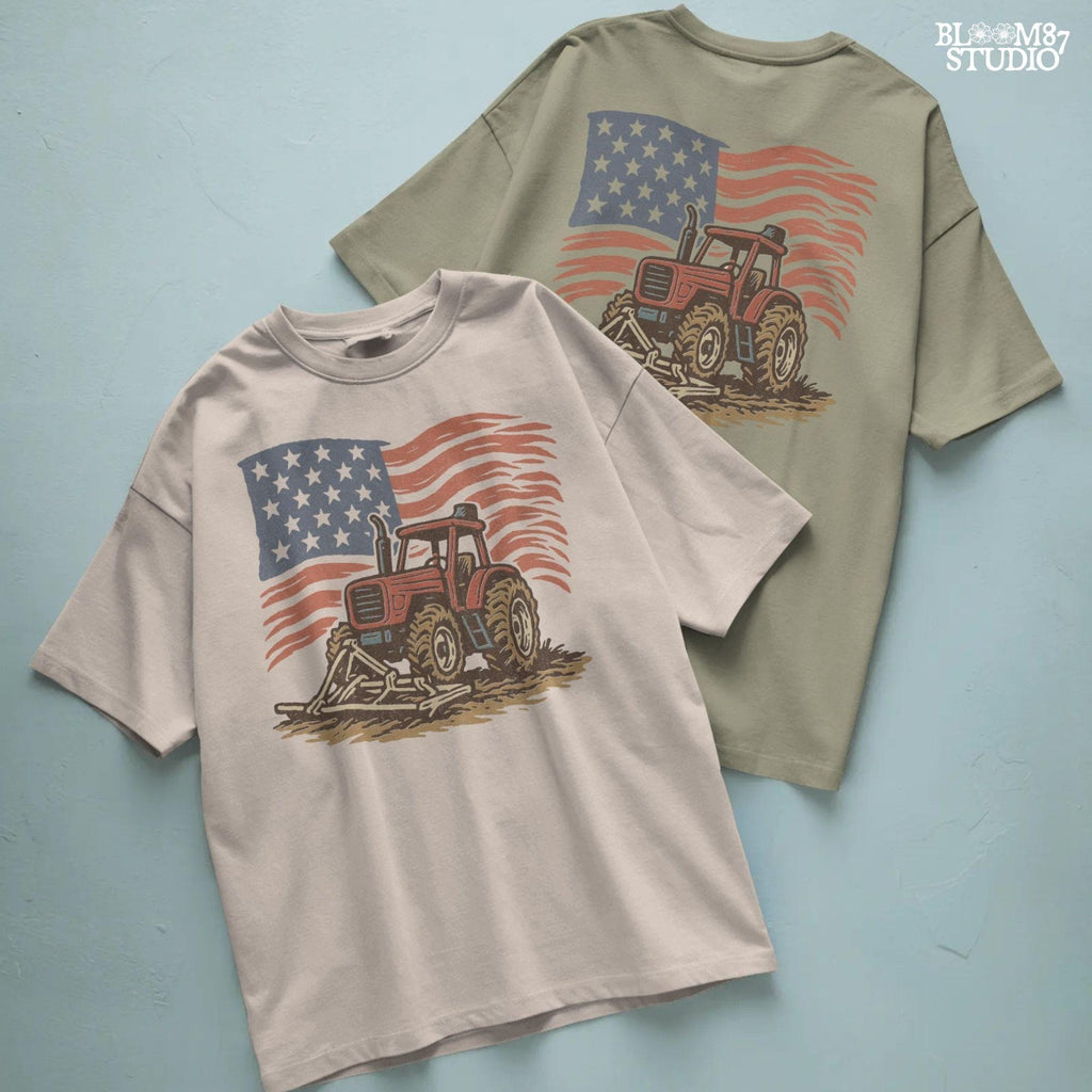 Red tractor with plow on soil, American flag waving in the background, vintage farm-themed graphic.