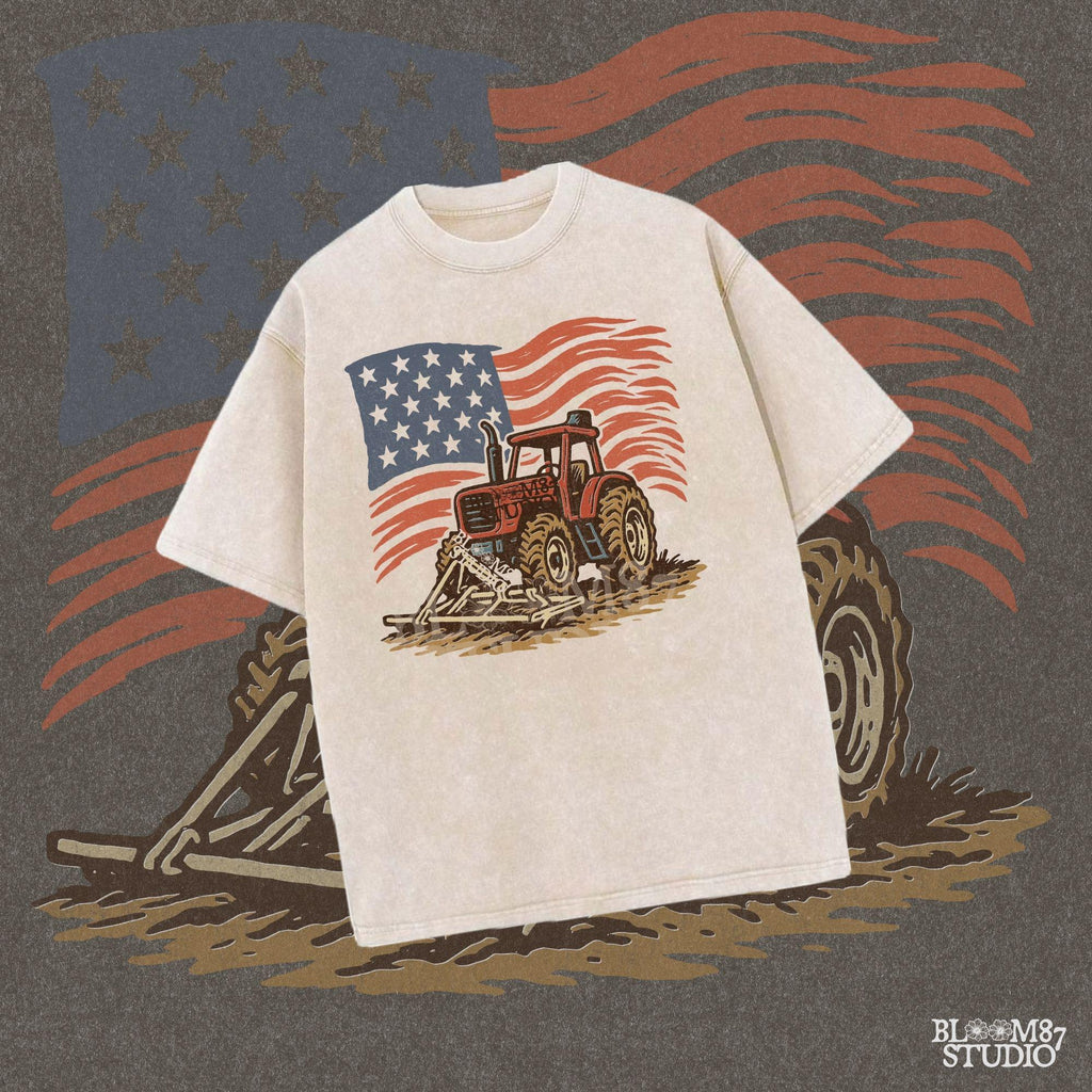 Red tractor with plow on soil, American flag waving in the background, vintage farm-themed graphic.