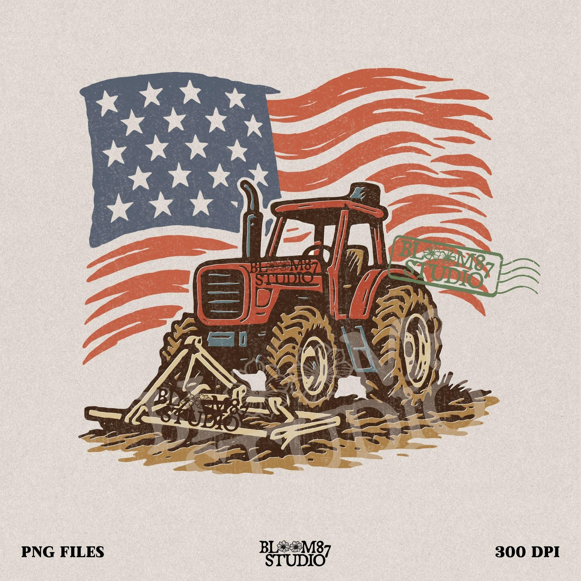 Red tractor with plow on soil, American flag waving in the background, vintage farm-themed graphic.