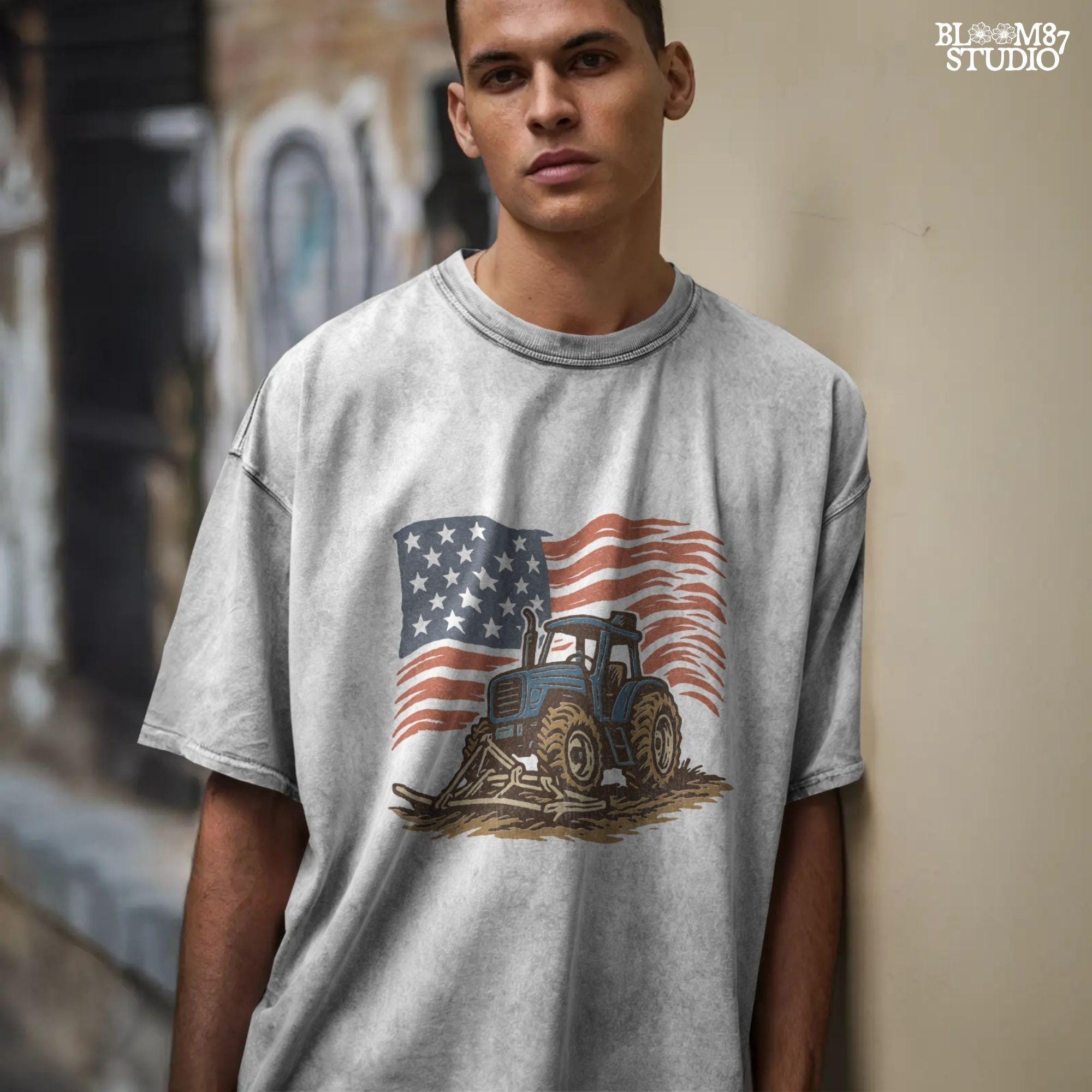 Red tractor with plow on soil, American flag waving in the background, vintage farm-themed graphic.