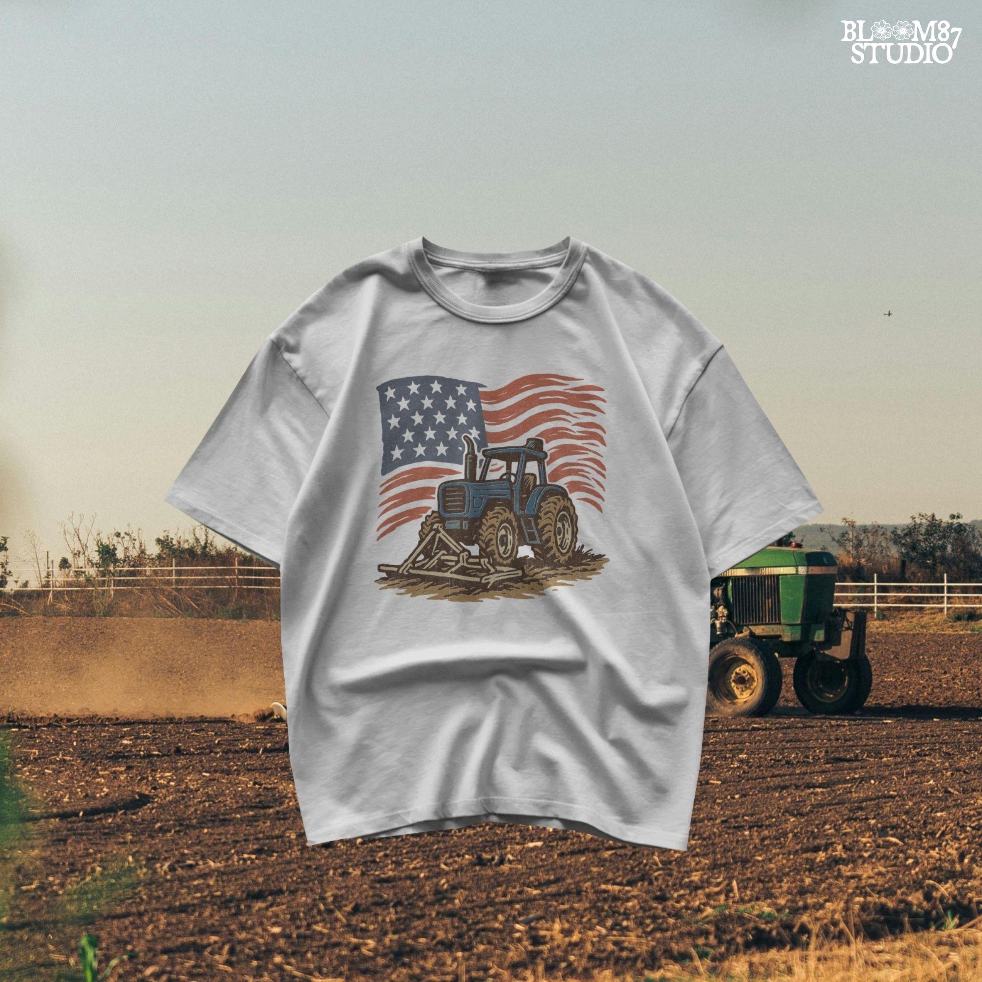 Red tractor with plow on soil, American flag waving in the background, vintage farm-themed graphic.