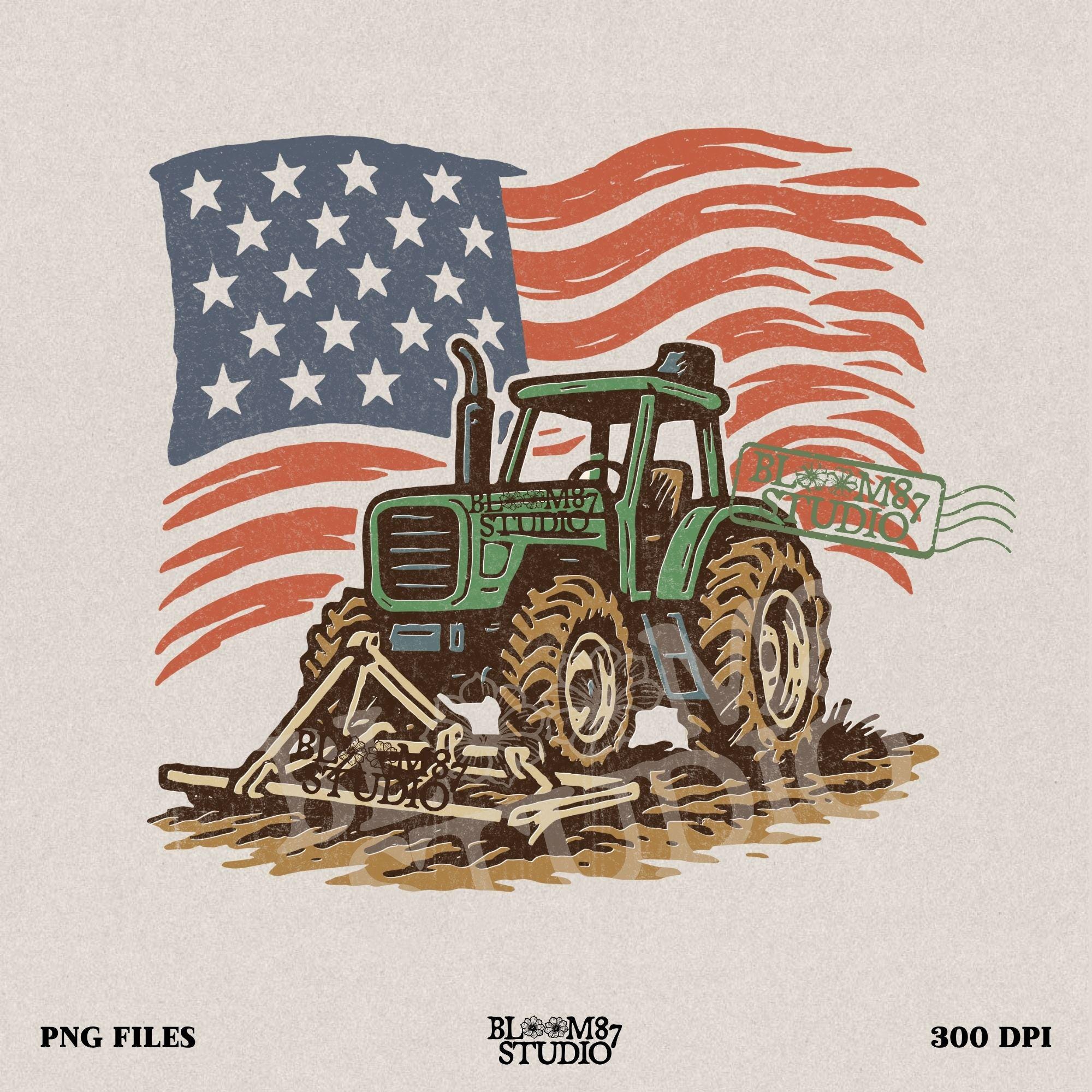 Red tractor with plow on soil, American flag waving in the background, vintage farm-themed graphic.