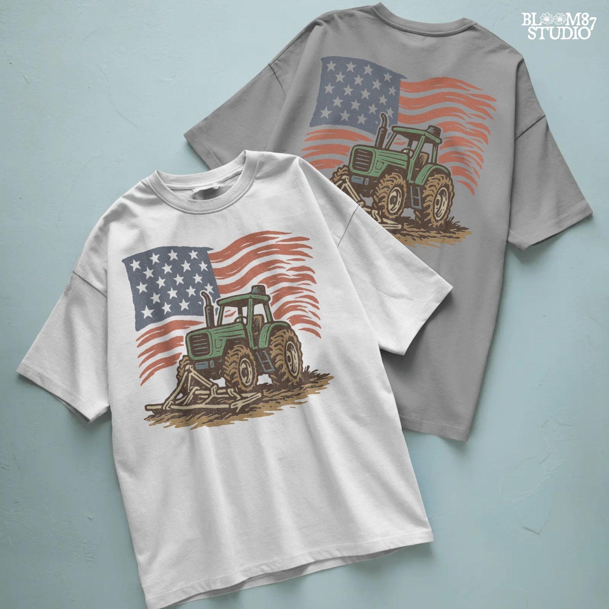 Red tractor with plow on soil, American flag waving in the background, vintage farm-themed graphic.