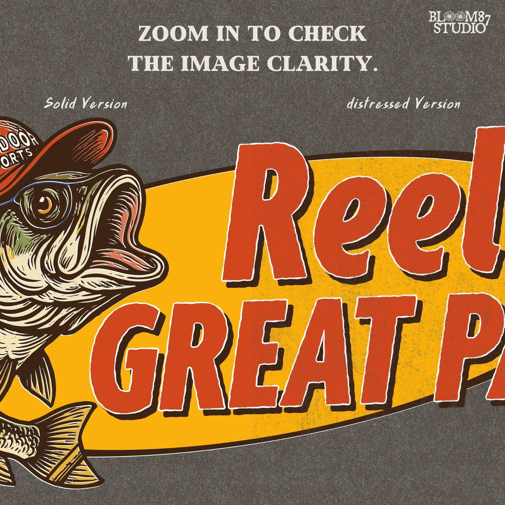 Vintage-style illustration of a largemouth bass in a red hat with retro text “Reel Great Pap” on a yellow and blue background