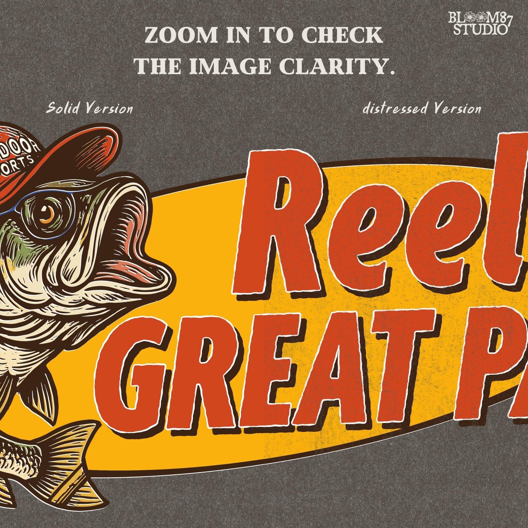 Vintage-style illustration of a largemouth bass in a red hat with retro text “Reel Great Pap” on a yellow and blue background