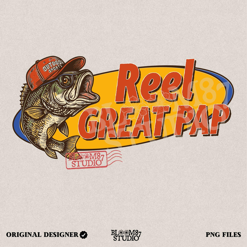 Vintage-style illustration of a largemouth bass in a red hat with retro text “Reel Great Pap” on a yellow and blue background