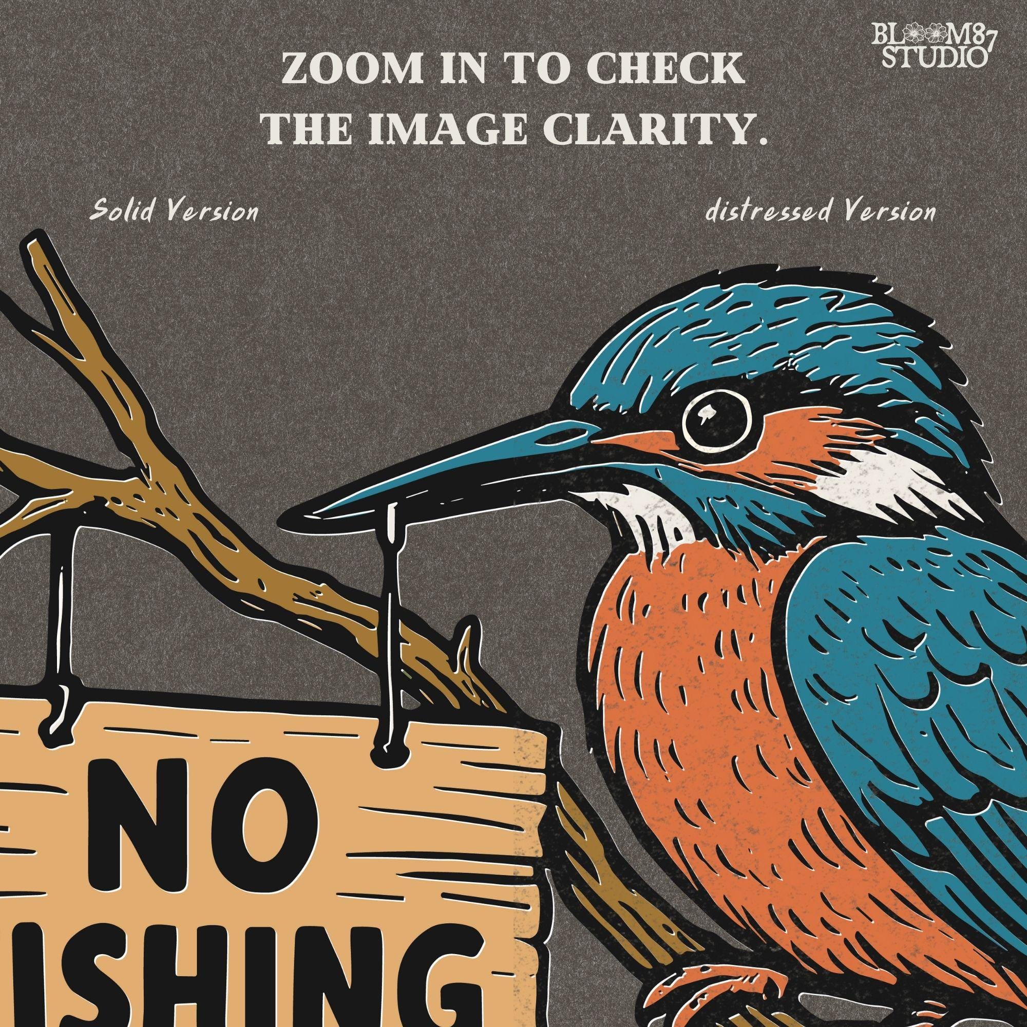 Cartoon kingfisher bird sitting on a tree holding a “No Fishing” sign with a fish hanging below, in a humorous lake life design