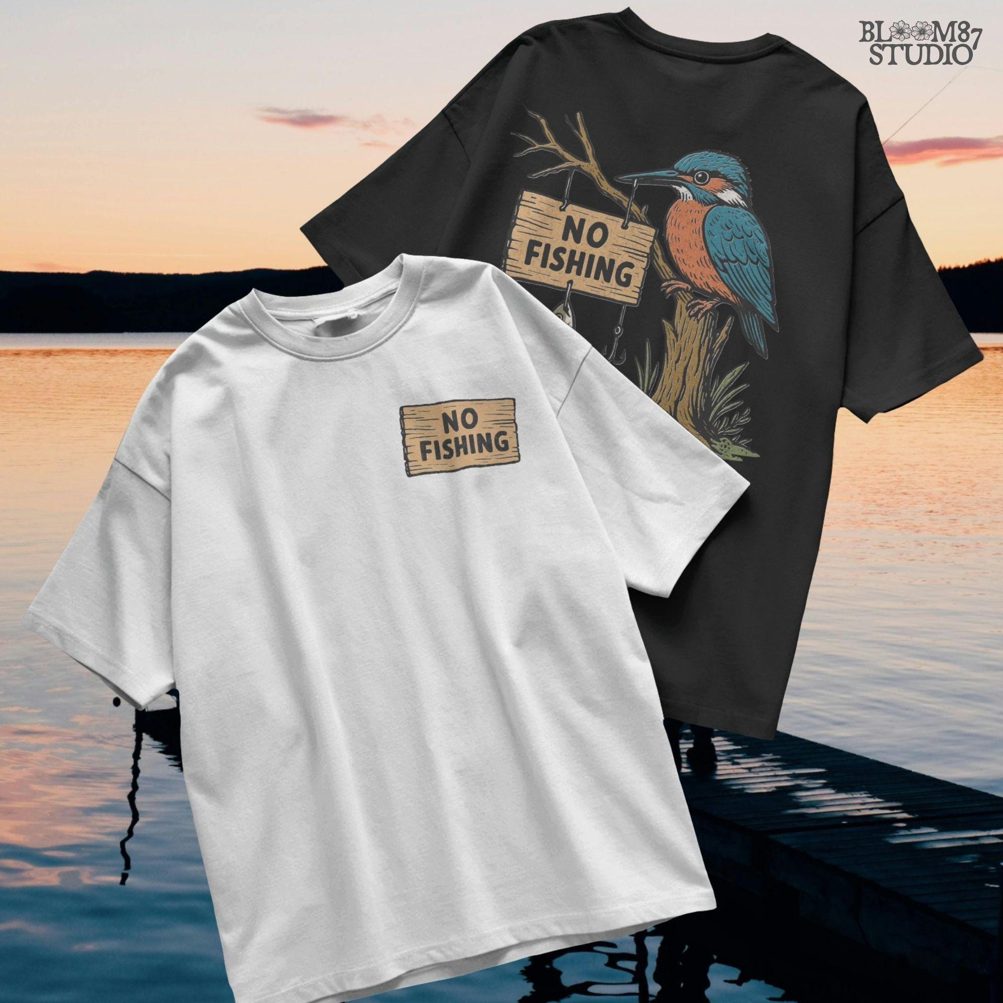 Cartoon kingfisher bird sitting on a tree holding a “No Fishing” sign with a fish hanging below, in a humorous lake life design