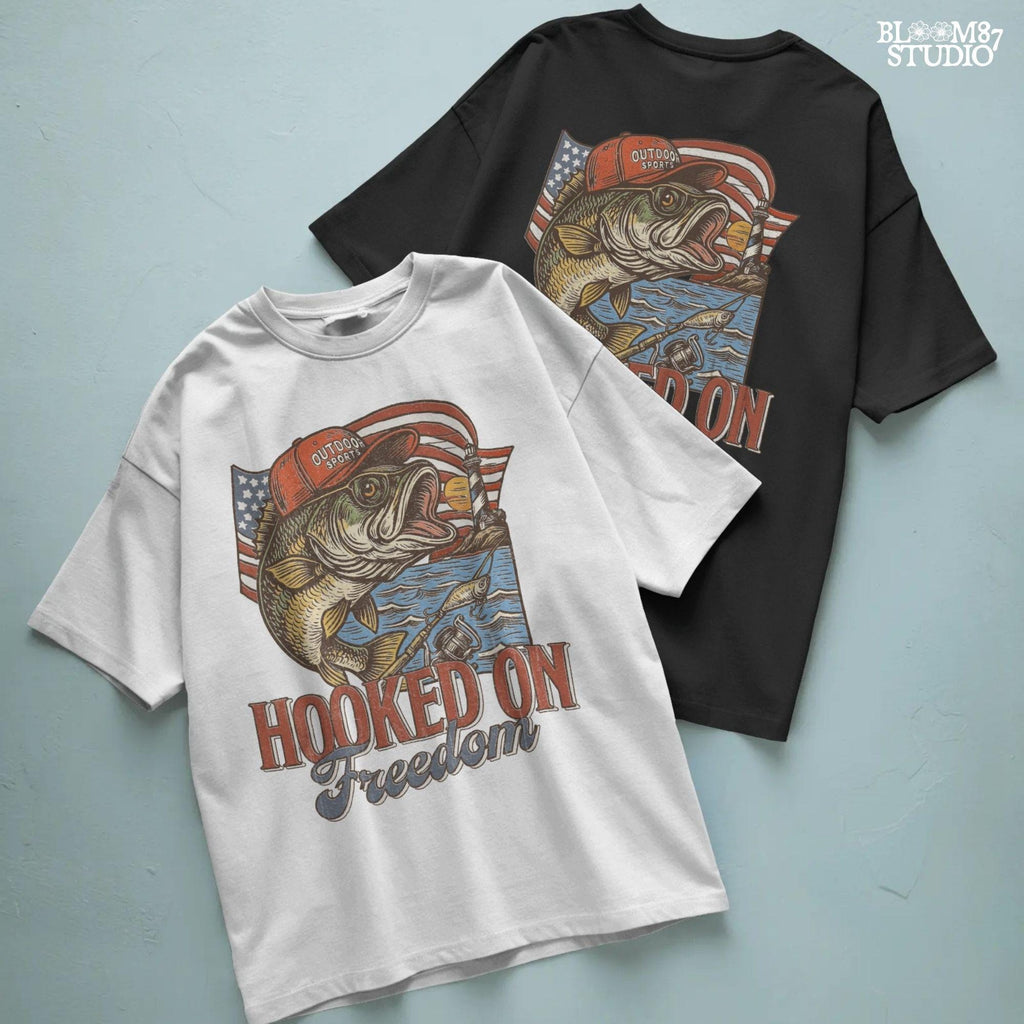 Patriotic bass fish wearing red cap with American flag, lighthouse, and “Hooked on Freedom” text – ideal for 4th of July fishing designs.