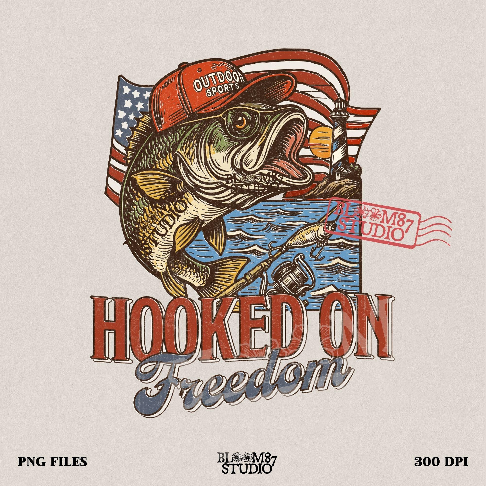 Patriotic bass fish wearing red cap with American flag, lighthouse, and “Hooked on Freedom” text – ideal for 4th of July fishing designs.