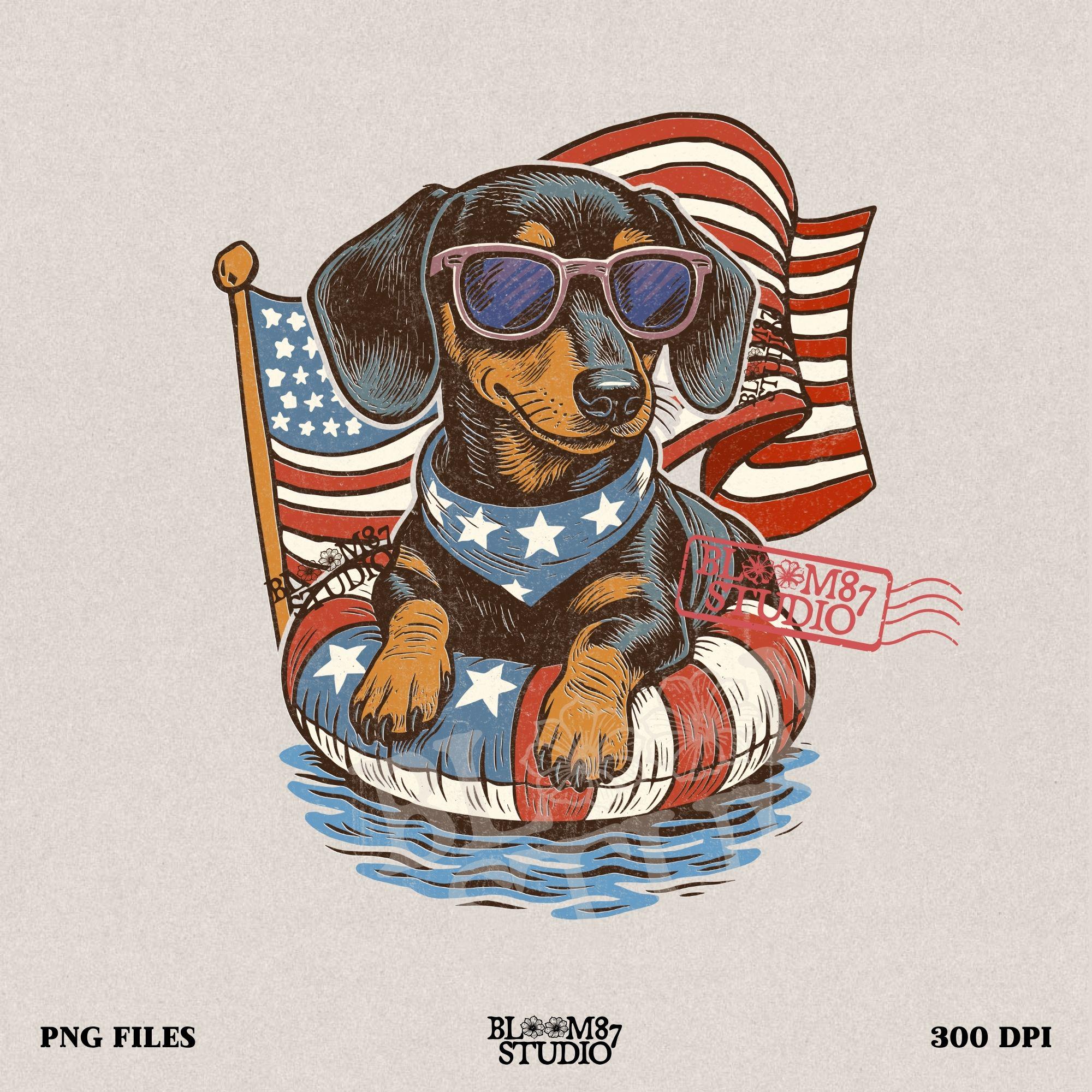 Cute dachshund dog with sunglasses on a USA-themed floatie, American flag background, perfect for 4th of July PNG sublimation.