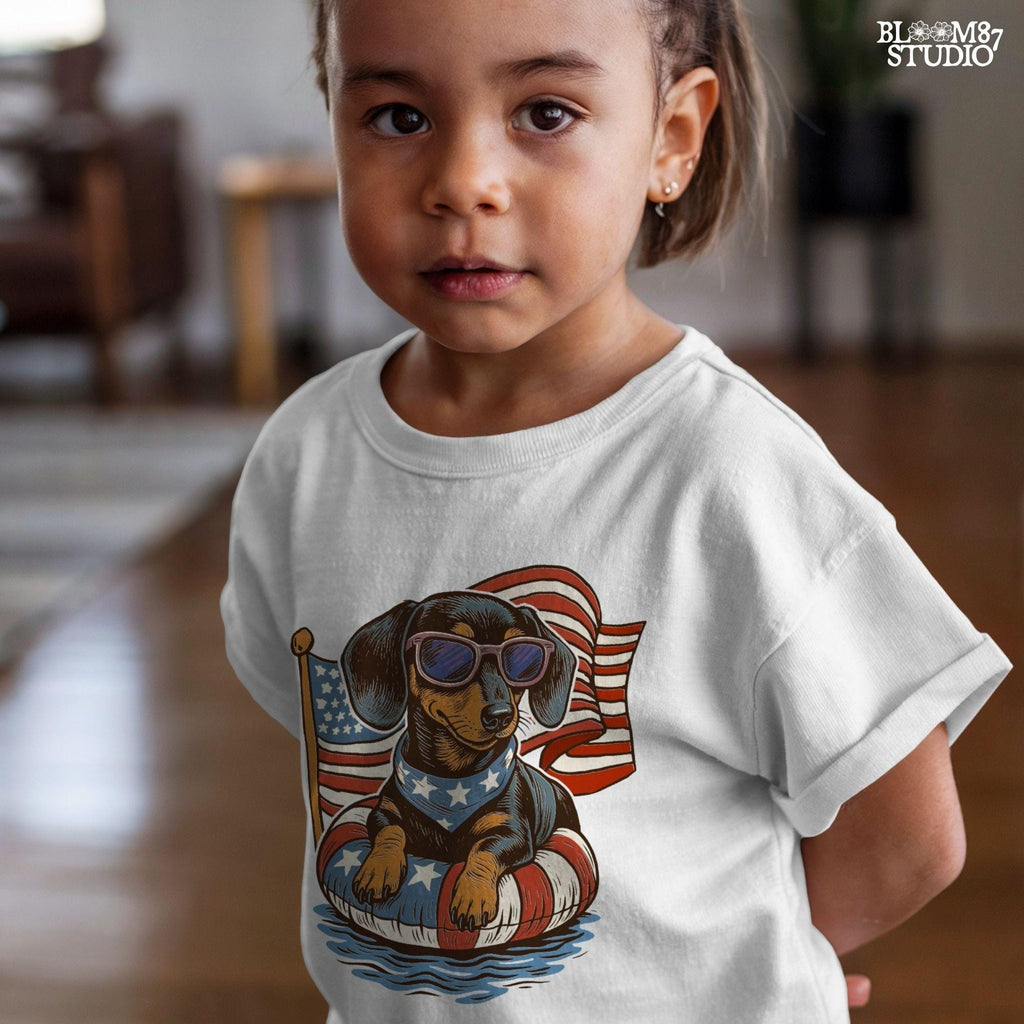 Cute dachshund dog with sunglasses on a USA-themed floatie, American flag background, perfect for 4th of July PNG sublimation.