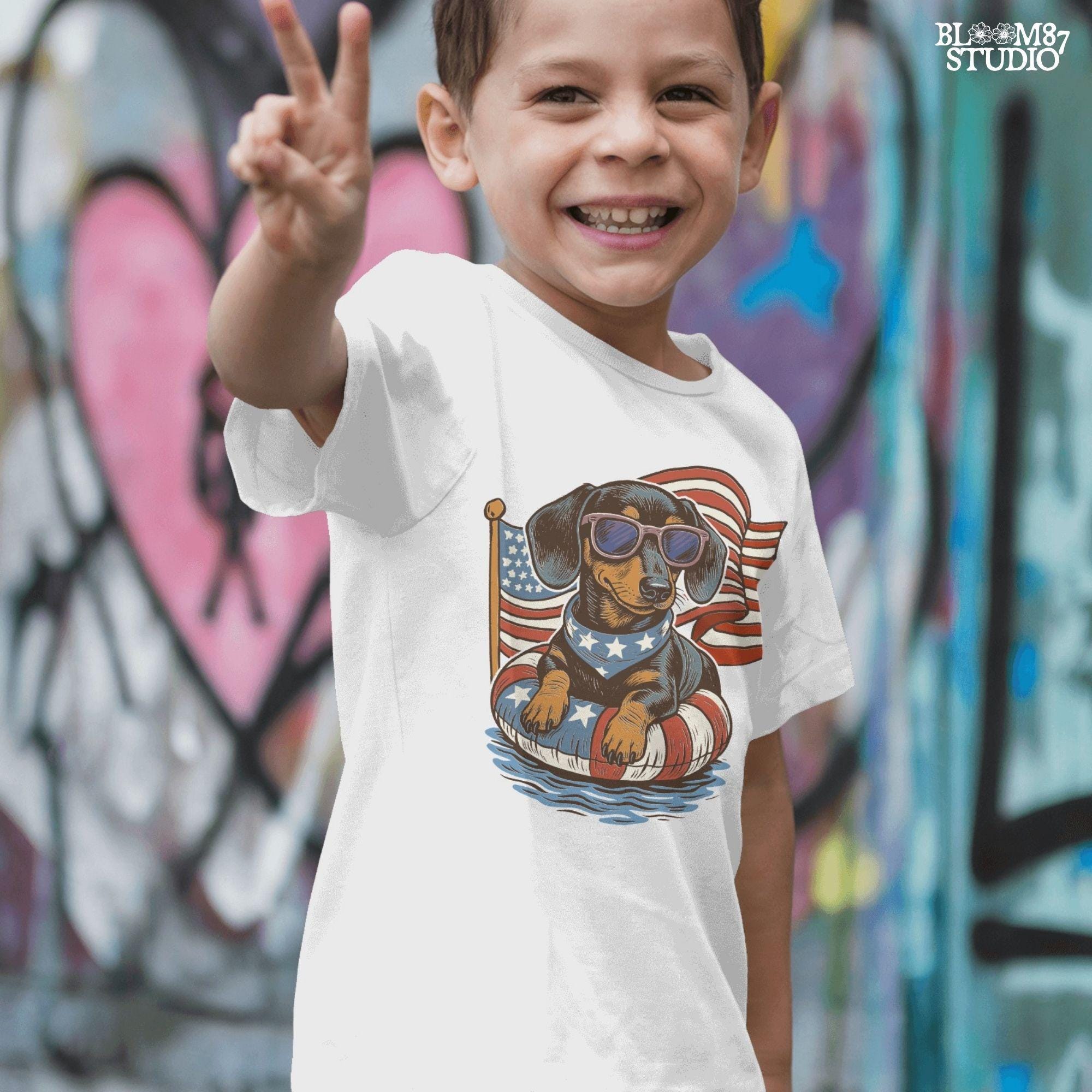 Cute dachshund dog with sunglasses on a USA-themed floatie, American flag background, perfect for 4th of July PNG sublimation.