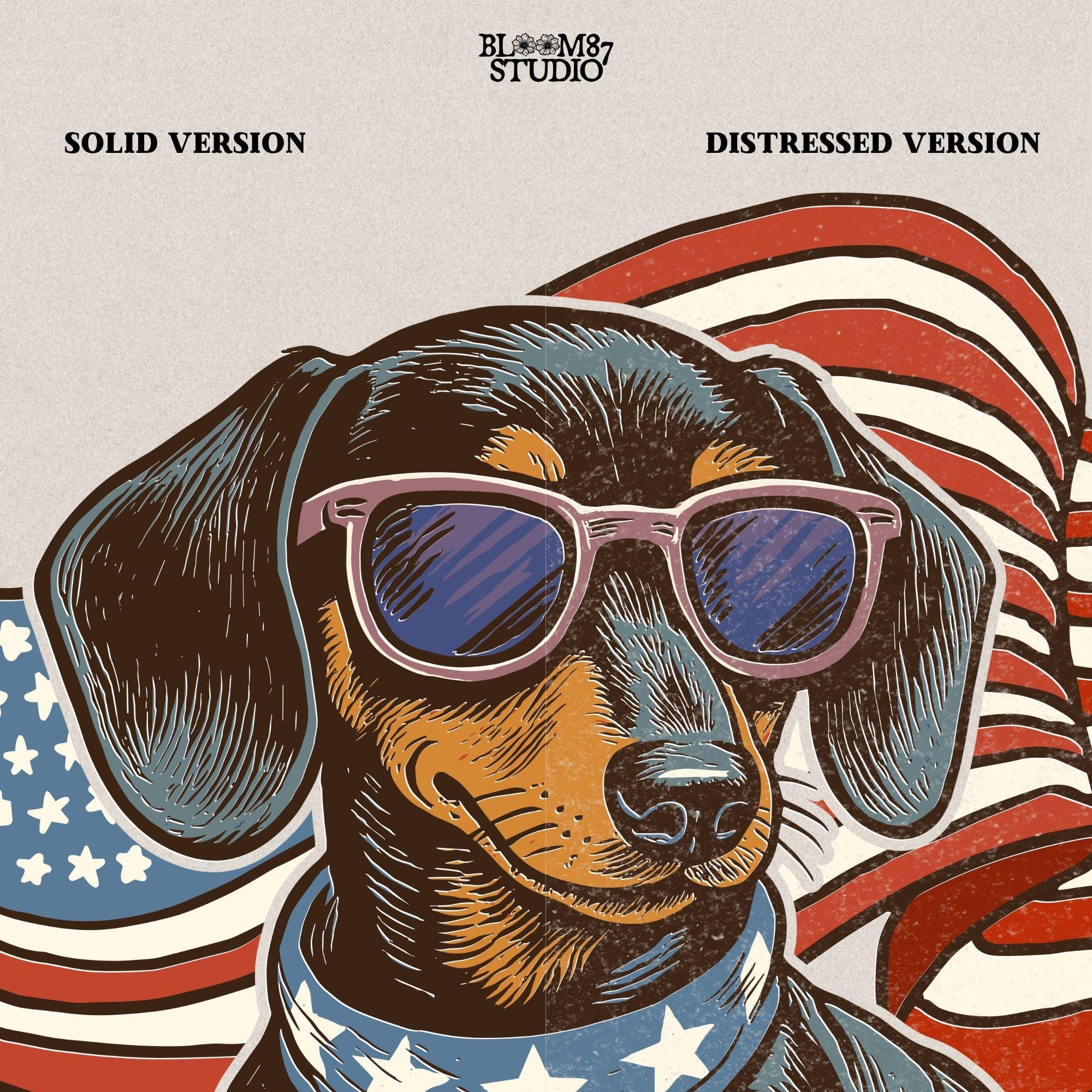 Cute dachshund dog with sunglasses on a USA-themed floatie, American flag background, perfect for 4th of July PNG sublimation.