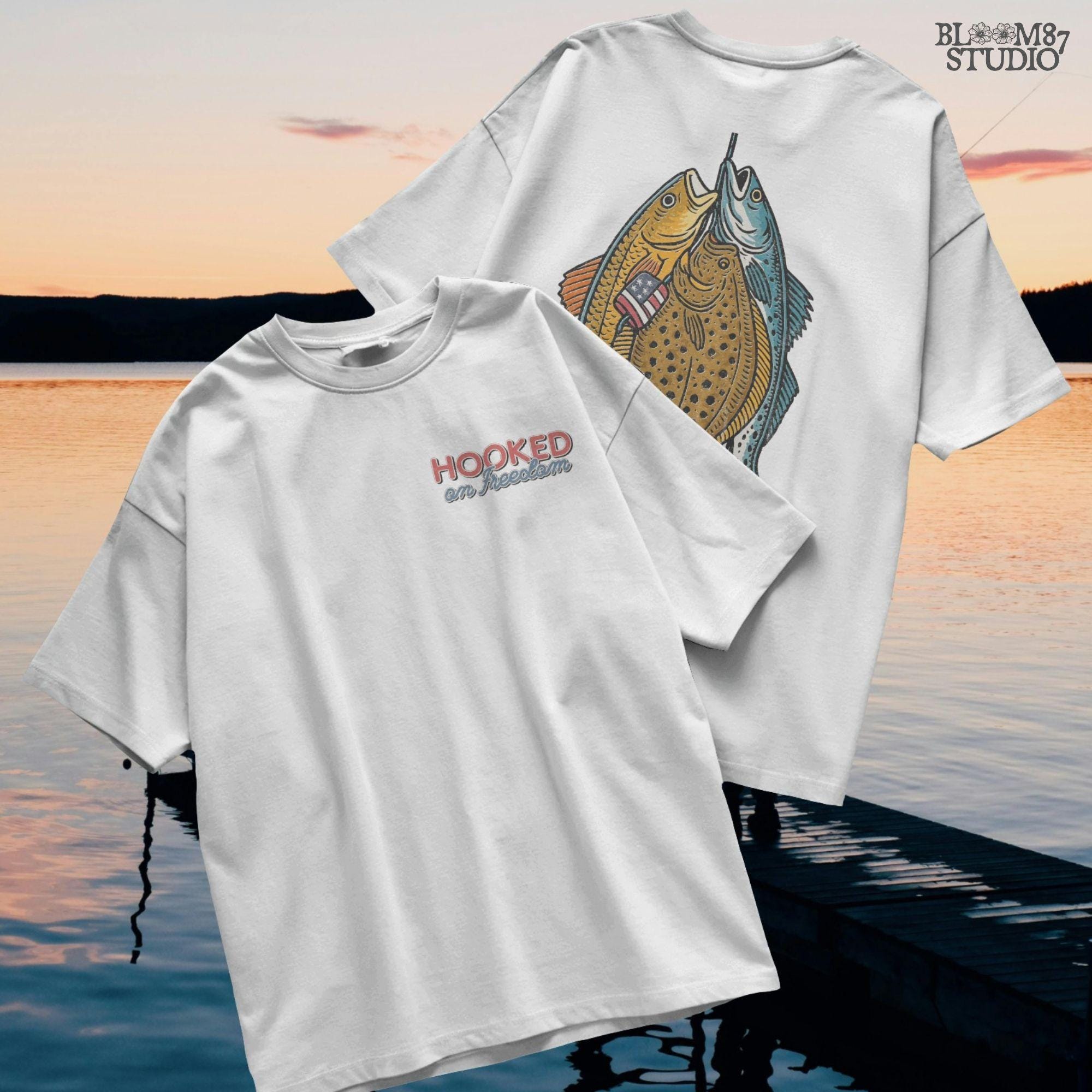 Three saltwater game fish (redfish, flounder, trout) hanging from a line, with a small American flag detail on one fish, in vintage patriotic fishing style