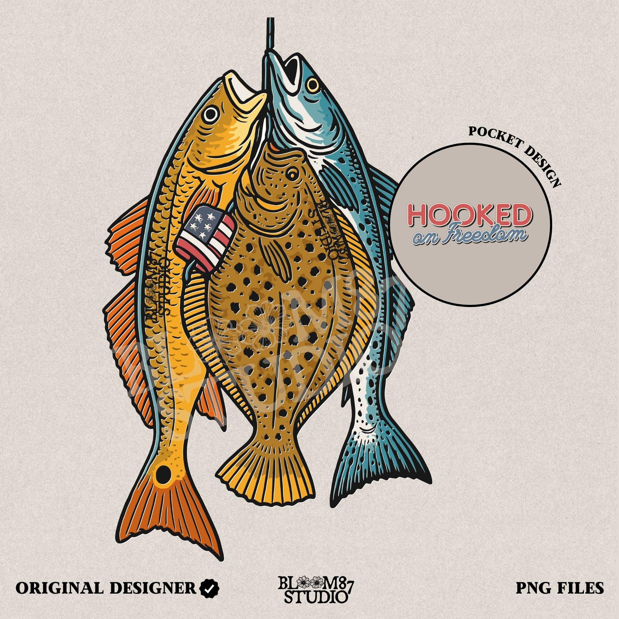 Three saltwater game fish (redfish, flounder, trout) hanging from a line, with a small American flag detail on one fish, in vintage patriotic fishing style