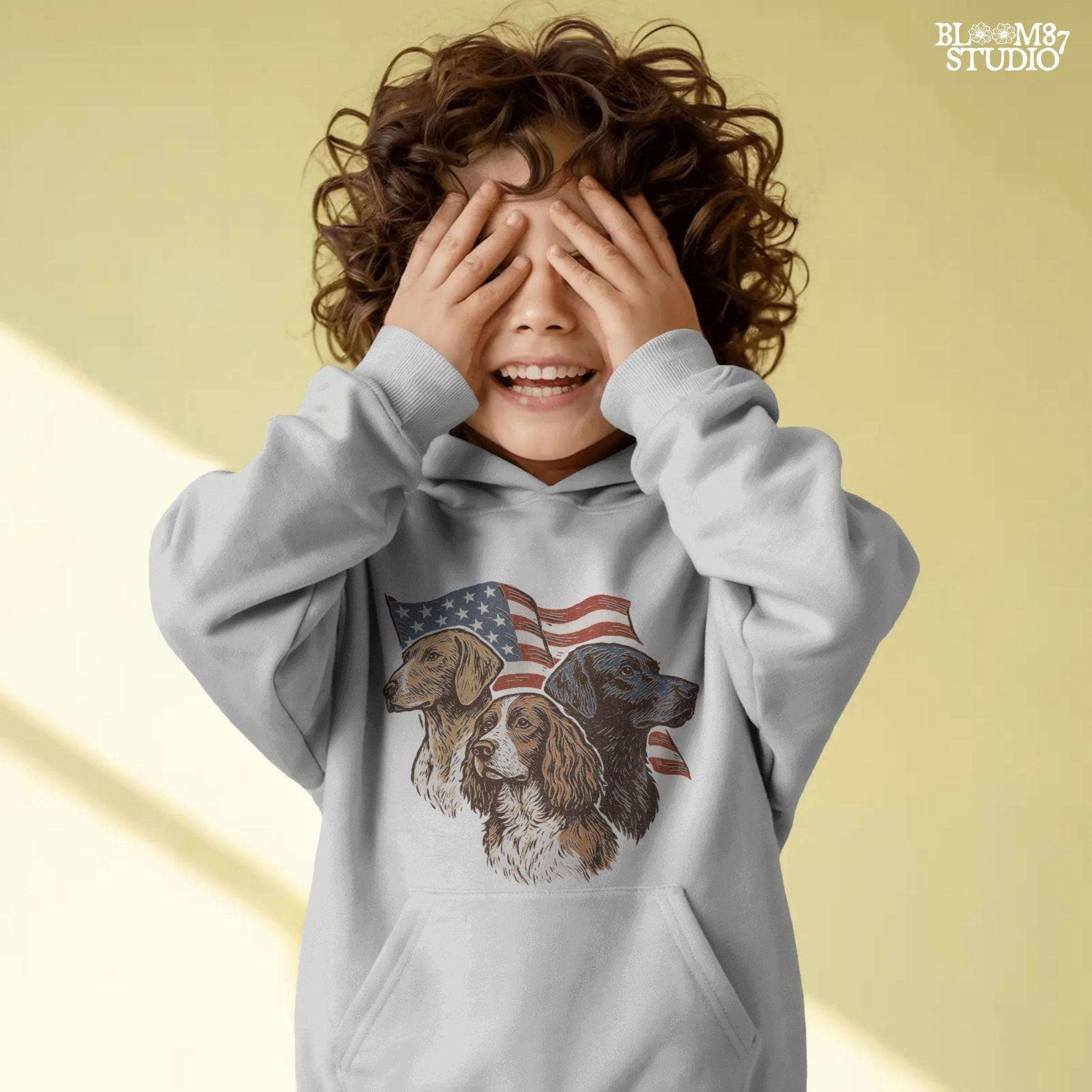 Vintage illustration of Labrador, English Pointer, and Springer Spaniel in front of American flag – patriotic 4th of July PNG sublimation design.