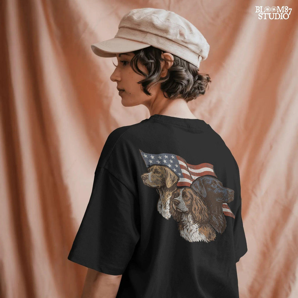 Vintage illustration of Labrador, English Pointer, and Springer Spaniel in front of American flag – patriotic 4th of July PNG sublimation design.