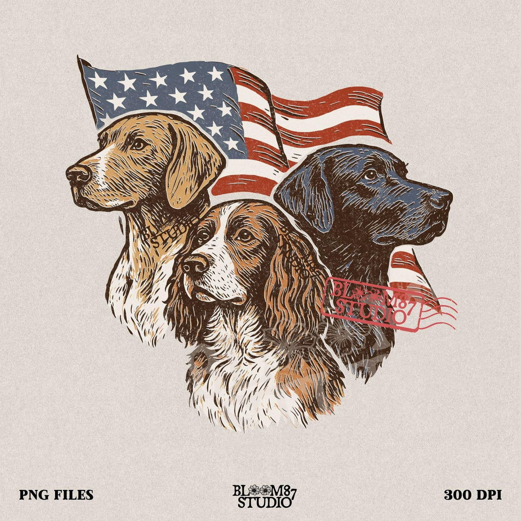 Vintage illustration of Labrador, English Pointer, and Springer Spaniel in front of American flag – patriotic 4th of July PNG sublimation design.