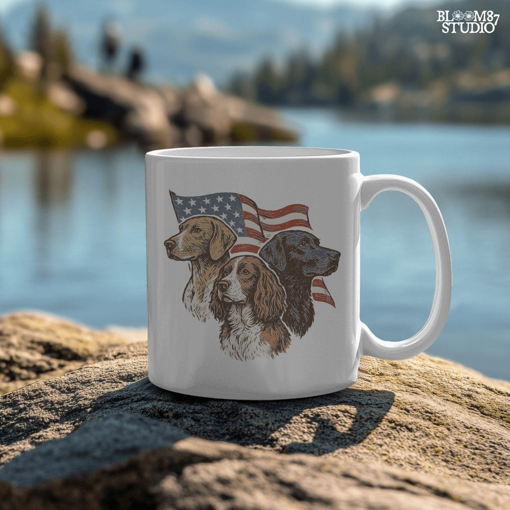 Vintage illustration of Labrador, English Pointer, and Springer Spaniel in front of American flag – patriotic 4th of July PNG sublimation design.