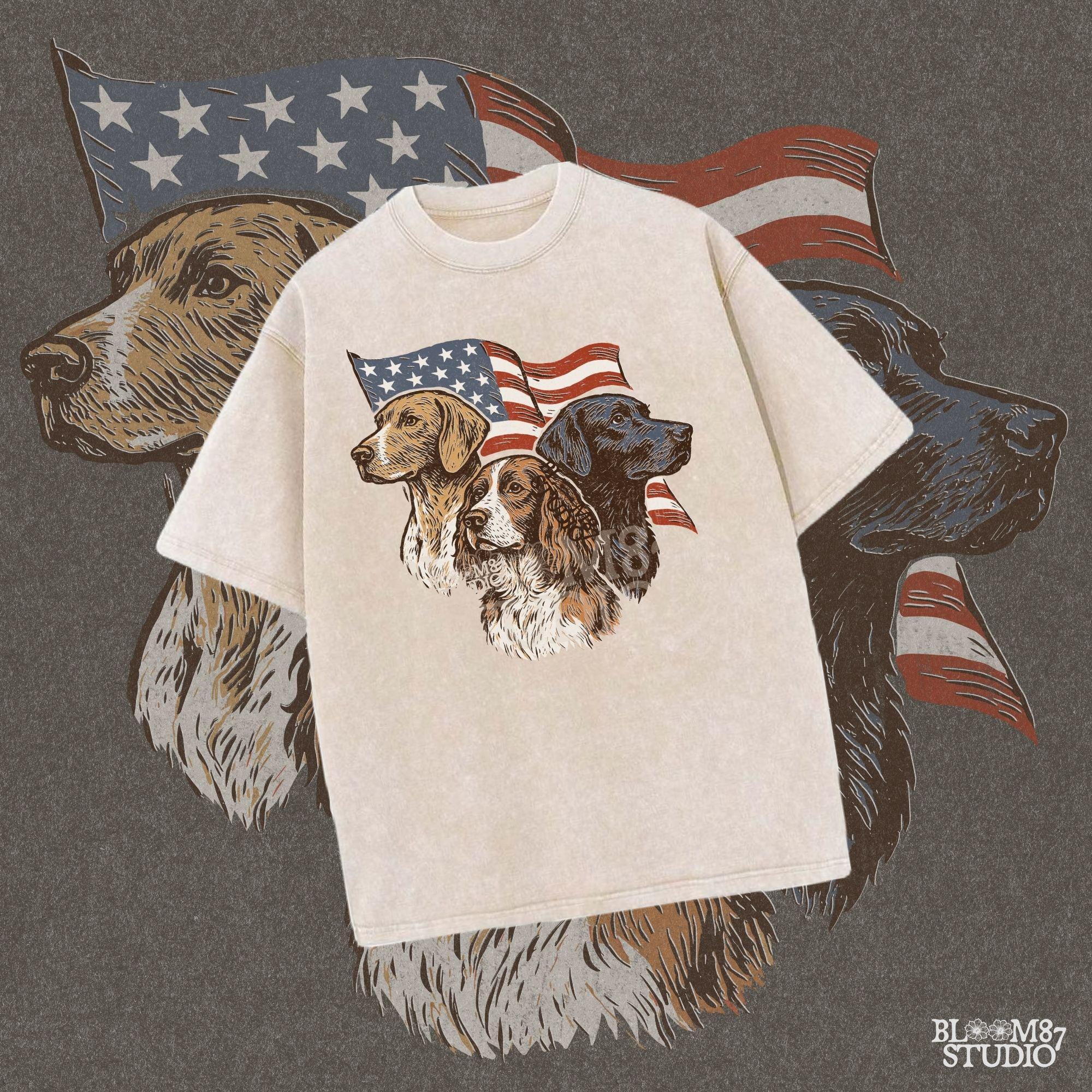 Vintage illustration of Labrador, English Pointer, and Springer Spaniel in front of American flag – patriotic 4th of July PNG sublimation design.