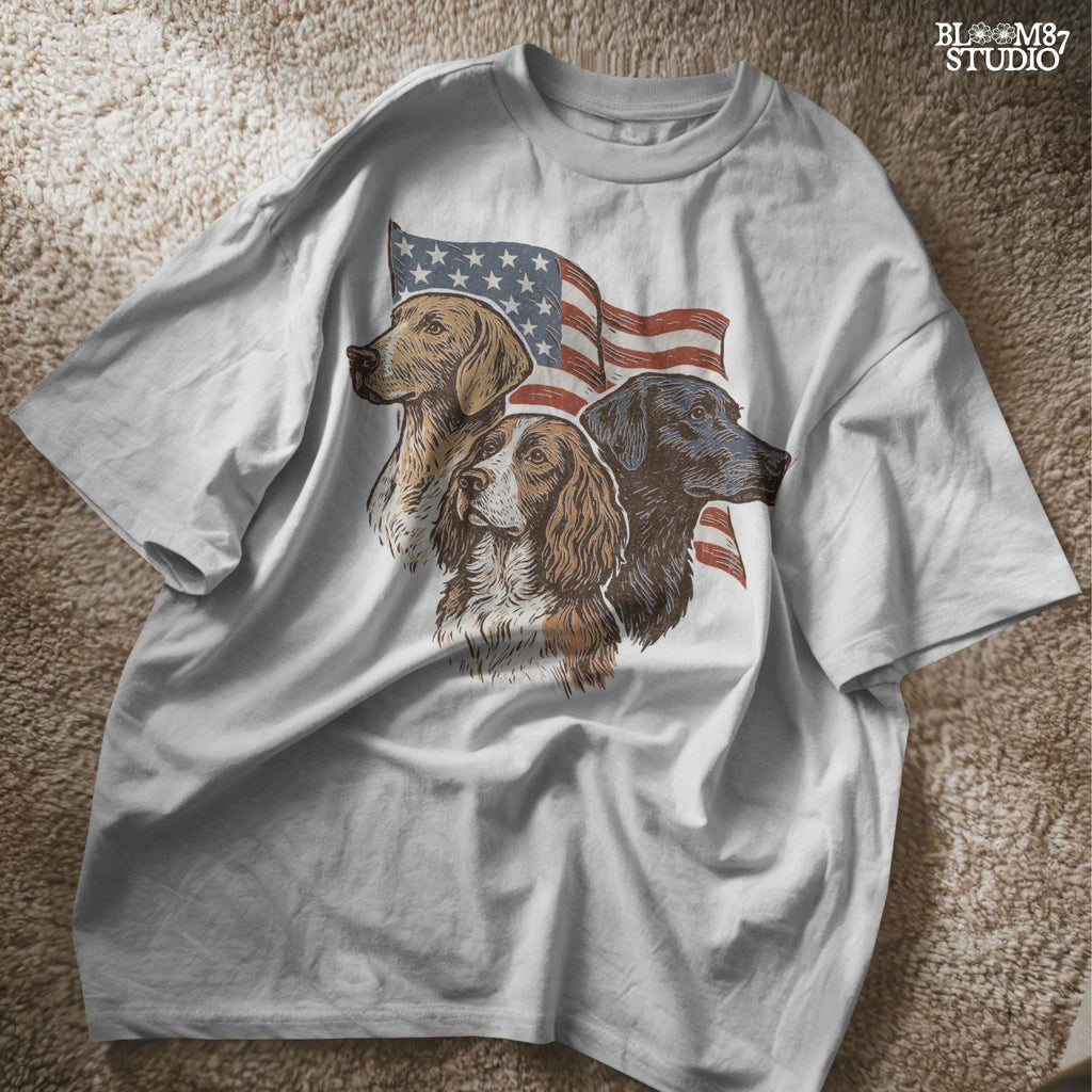 Vintage illustration of Labrador, English Pointer, and Springer Spaniel in front of American flag – patriotic 4th of July PNG sublimation design.