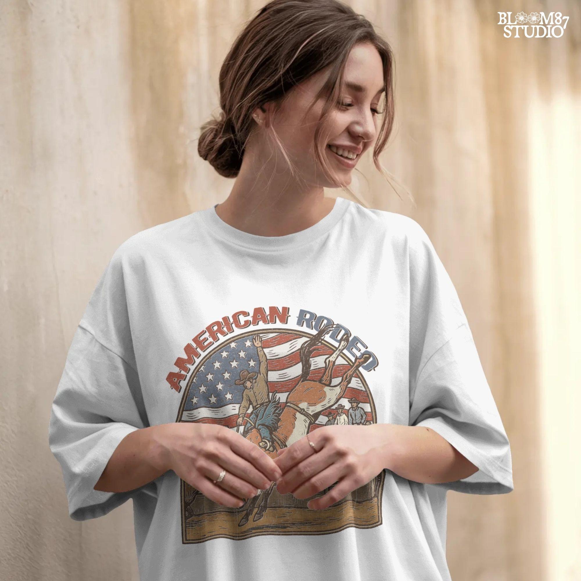 Vintage American rodeo illustration with cowboy riding bucking horse, U.S. flag in background – patriotic Western PNG design.