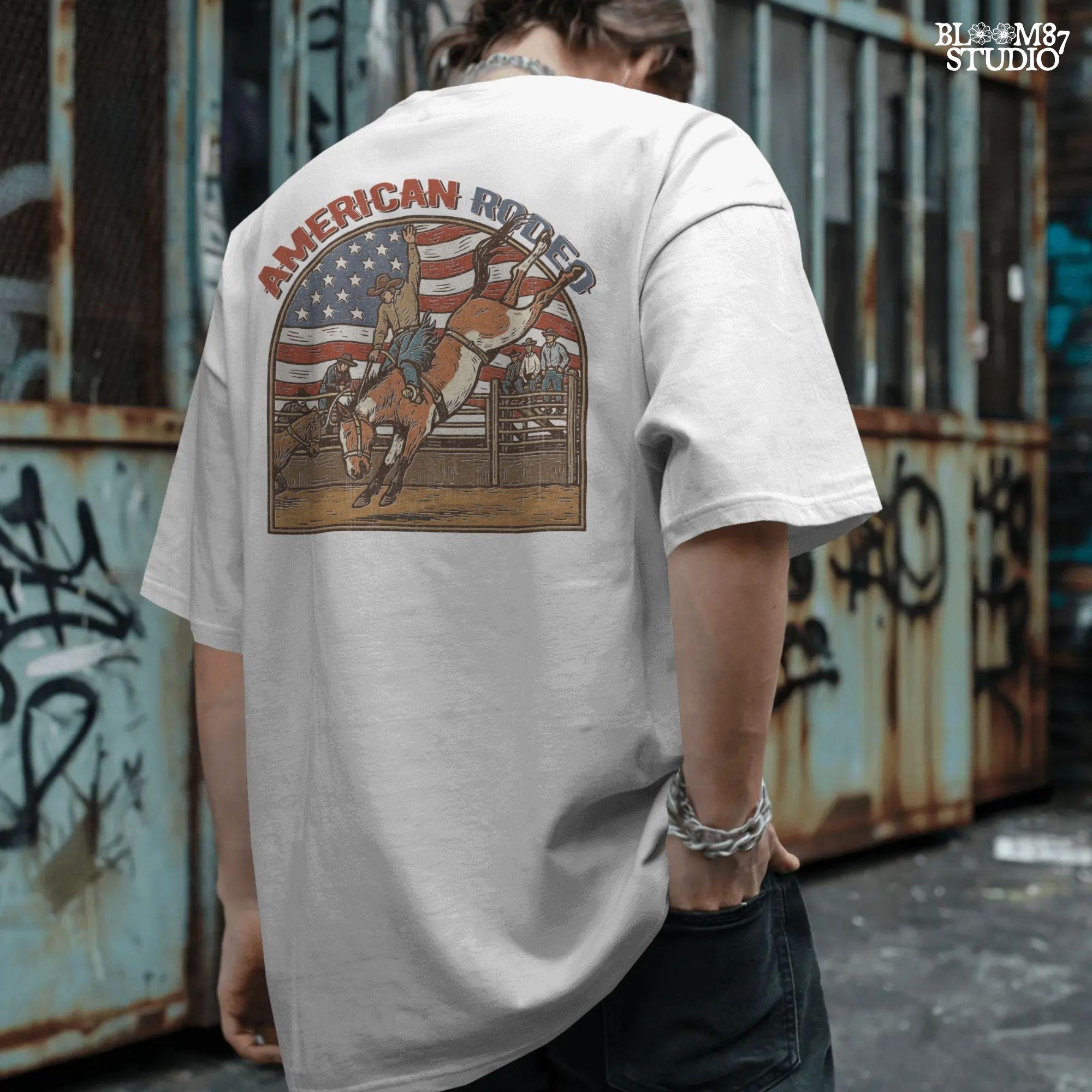 Vintage American rodeo illustration with cowboy riding bucking horse, U.S. flag in background – patriotic Western PNG design.