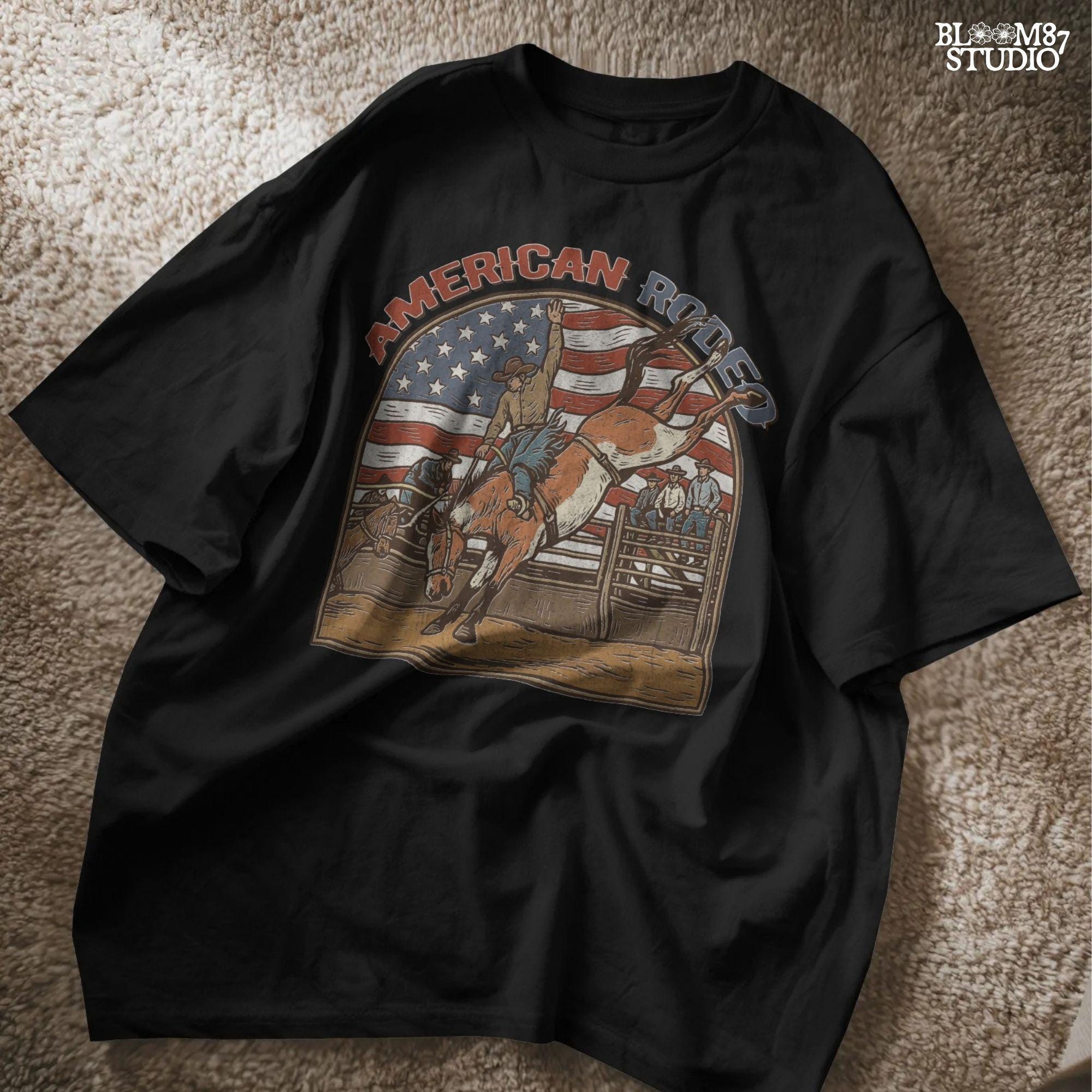 Vintage American rodeo illustration with cowboy riding bucking horse, U.S. flag in background – patriotic Western PNG design.