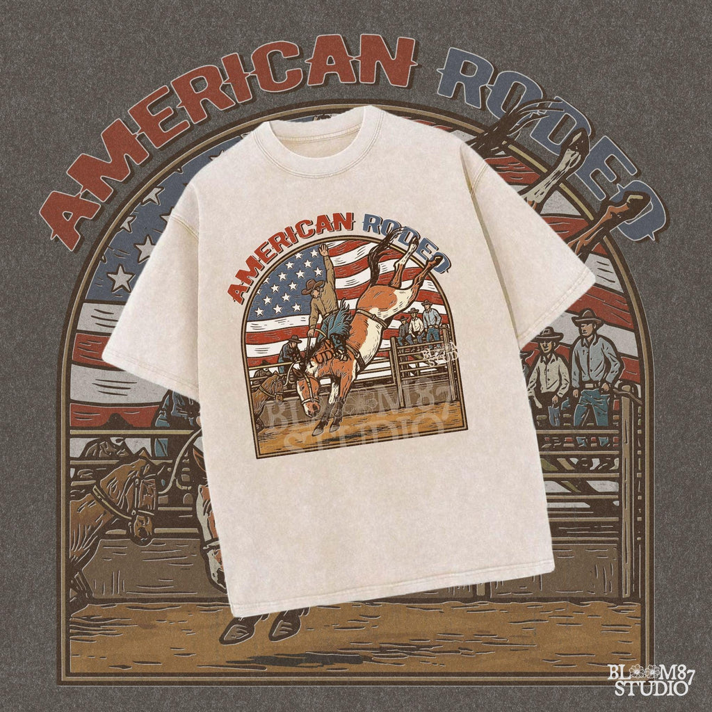 Vintage American rodeo illustration with cowboy riding bucking horse, U.S. flag in background – patriotic Western PNG design.