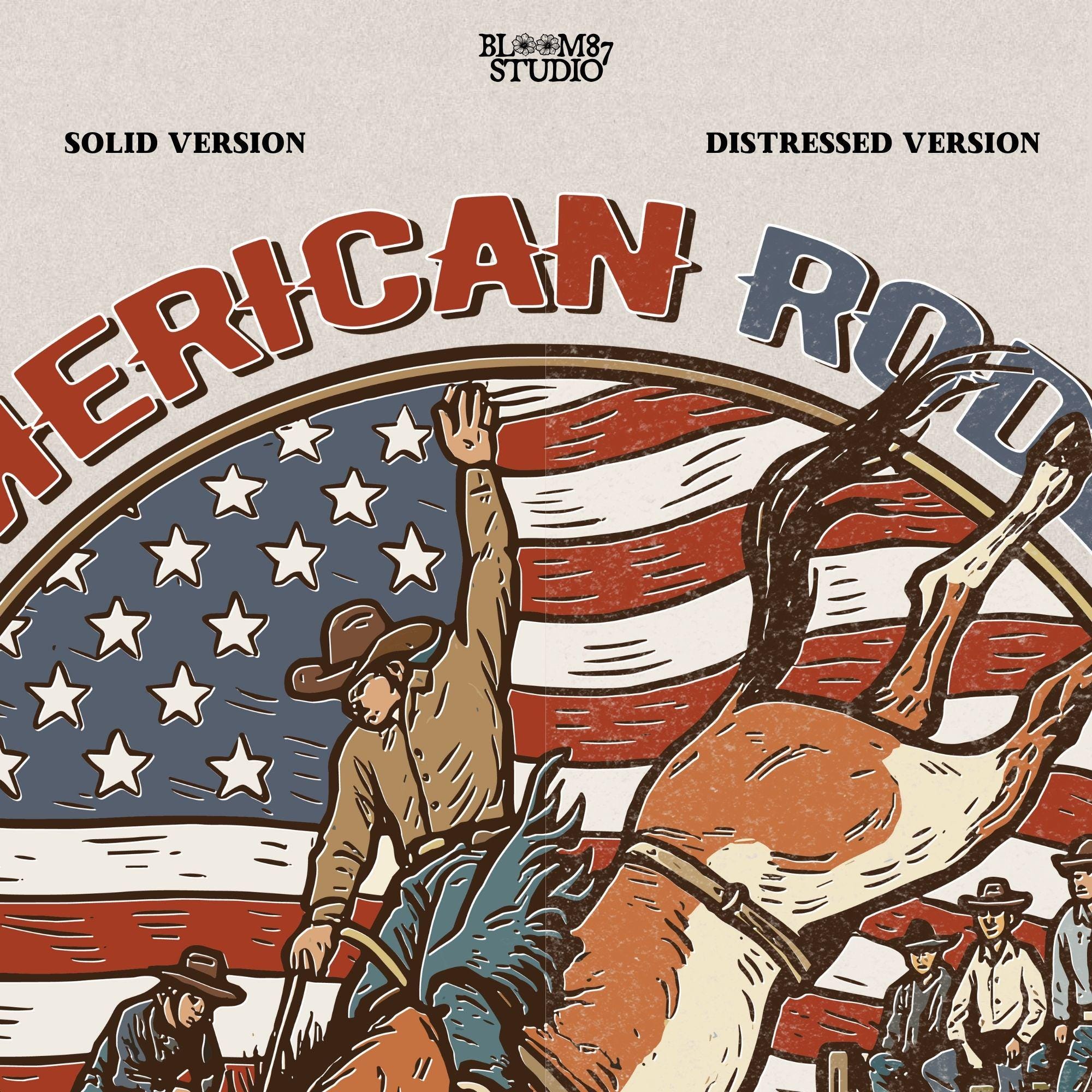 Vintage American rodeo illustration with cowboy riding bucking horse, U.S. flag in background – patriotic Western PNG design.