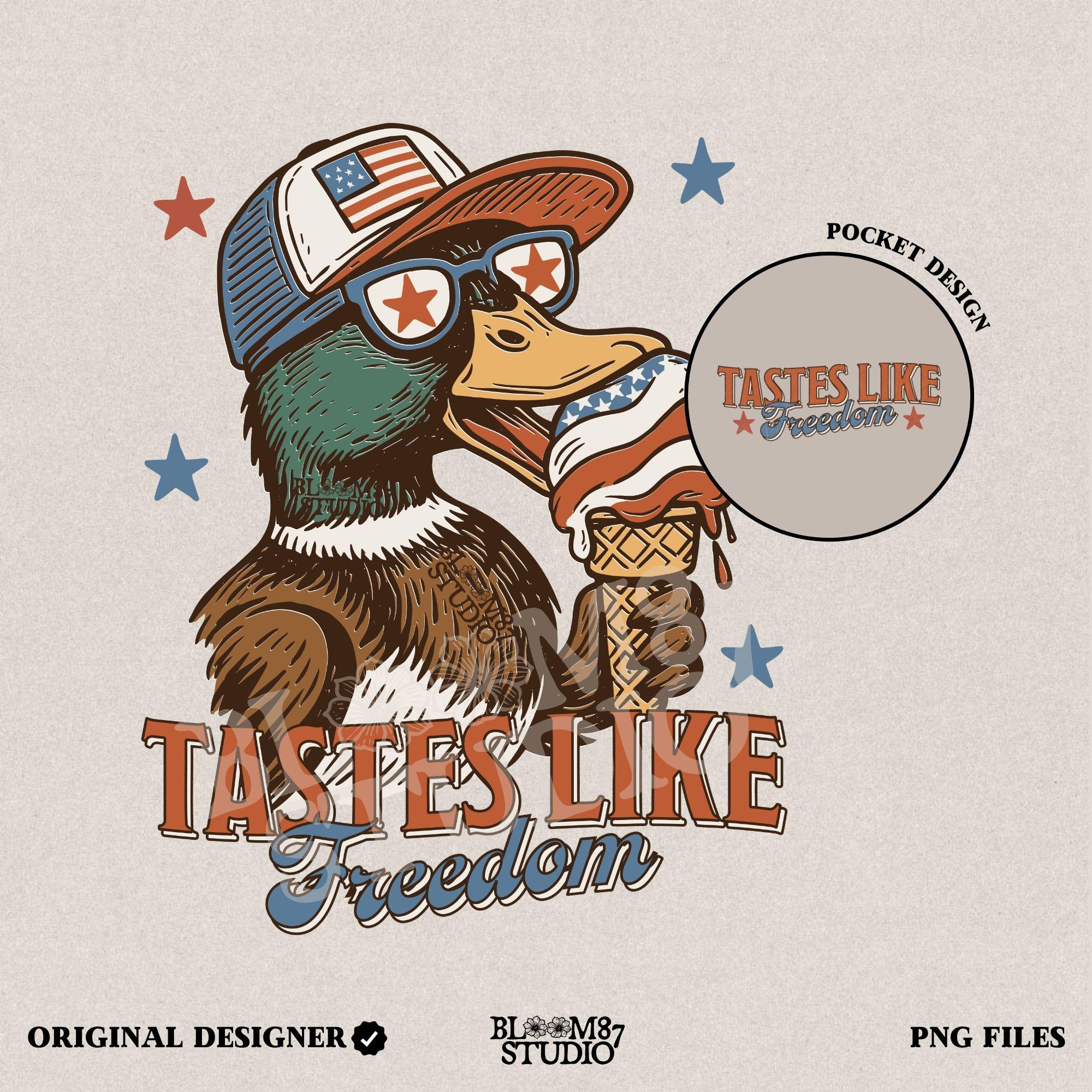 Funny cartoon duck wearing USA hat and star sunglasses, licking patriotic ice cream cone with “Tastes Like Freedom” text and red-white-blue stars