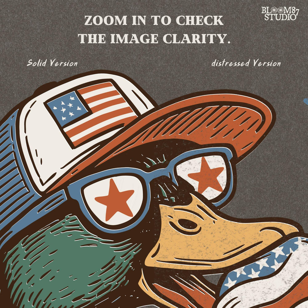 Funny cartoon duck wearing USA hat and star sunglasses, licking patriotic ice cream cone with “Tastes Like Freedom” text and red-white-blue stars