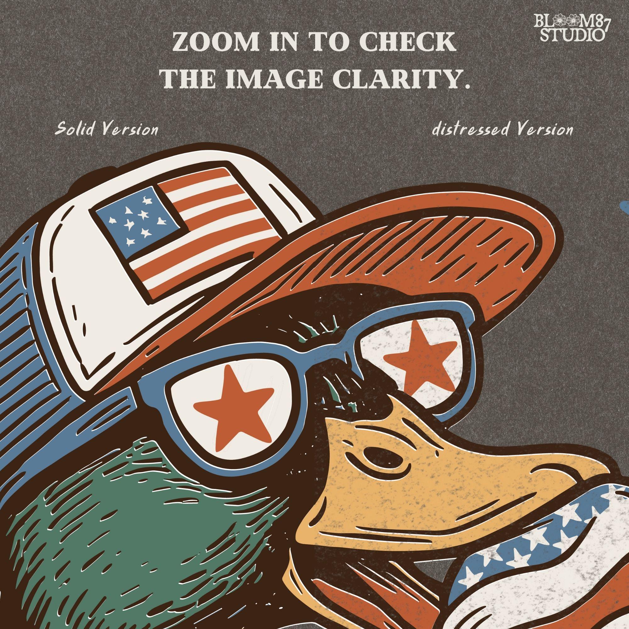 Funny cartoon duck wearing USA hat and star sunglasses, licking patriotic ice cream cone with “Tastes Like Freedom” text and red-white-blue stars