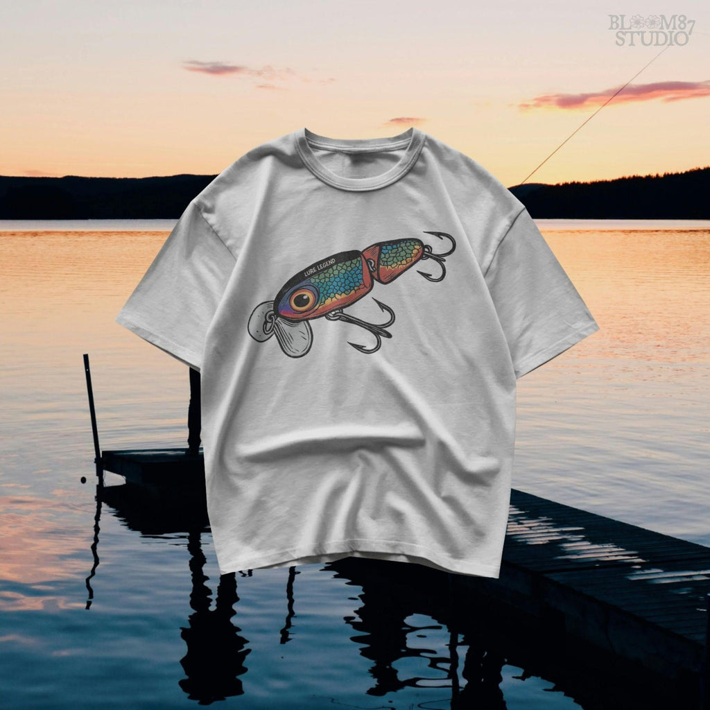 Colorful vintage fishing lure with rainbow scale pattern, metal hooks, and “Lure Legend” text – designed in bold cartoon style