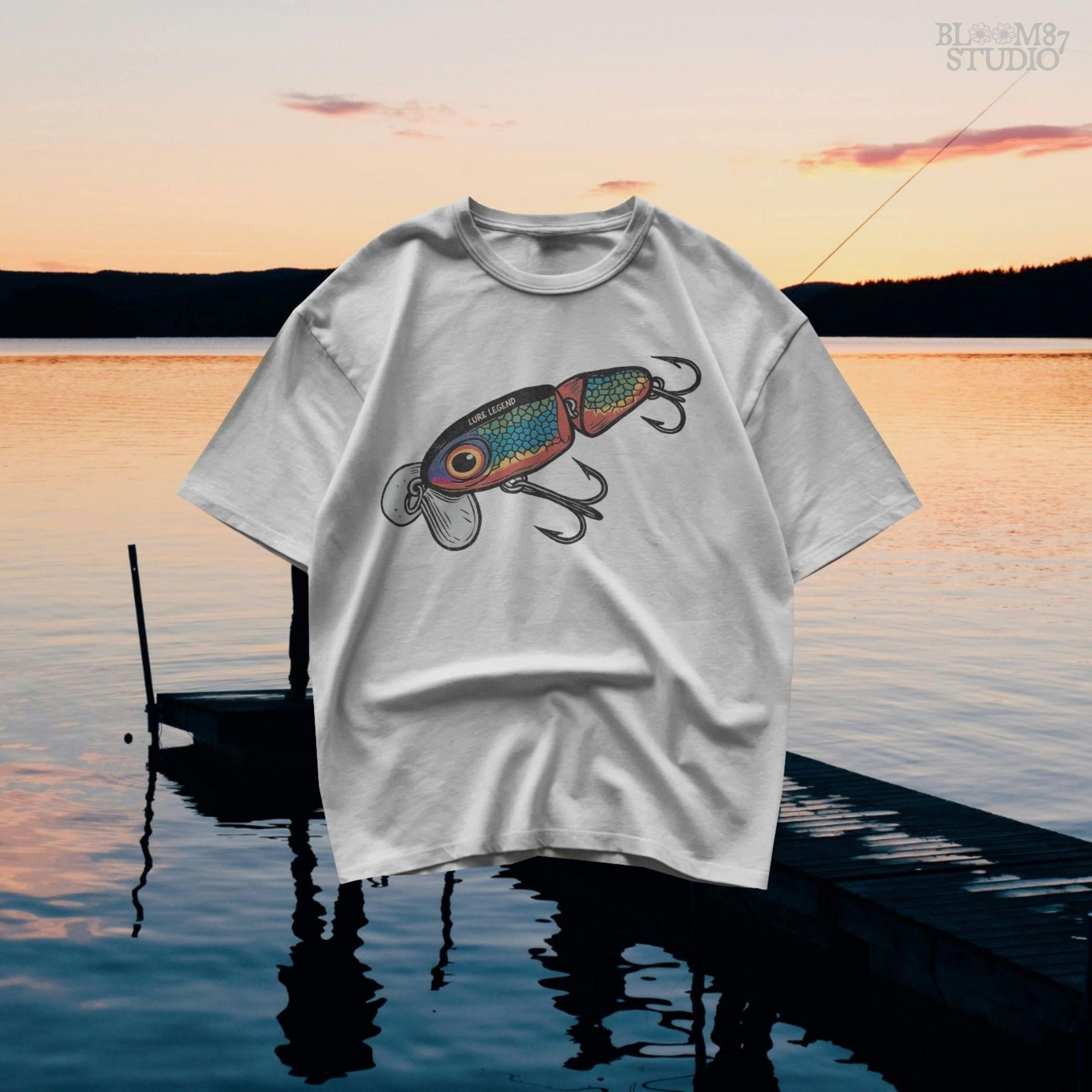 Colorful vintage fishing lure with rainbow scale pattern, metal hooks, and “Lure Legend” text – designed in bold cartoon style