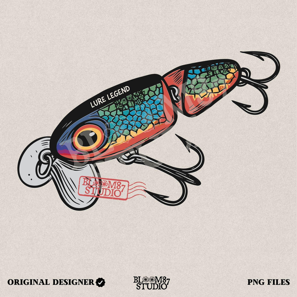 Colorful vintage fishing lure with rainbow scale pattern, metal hooks, and “Lure Legend” text – designed in bold cartoon style