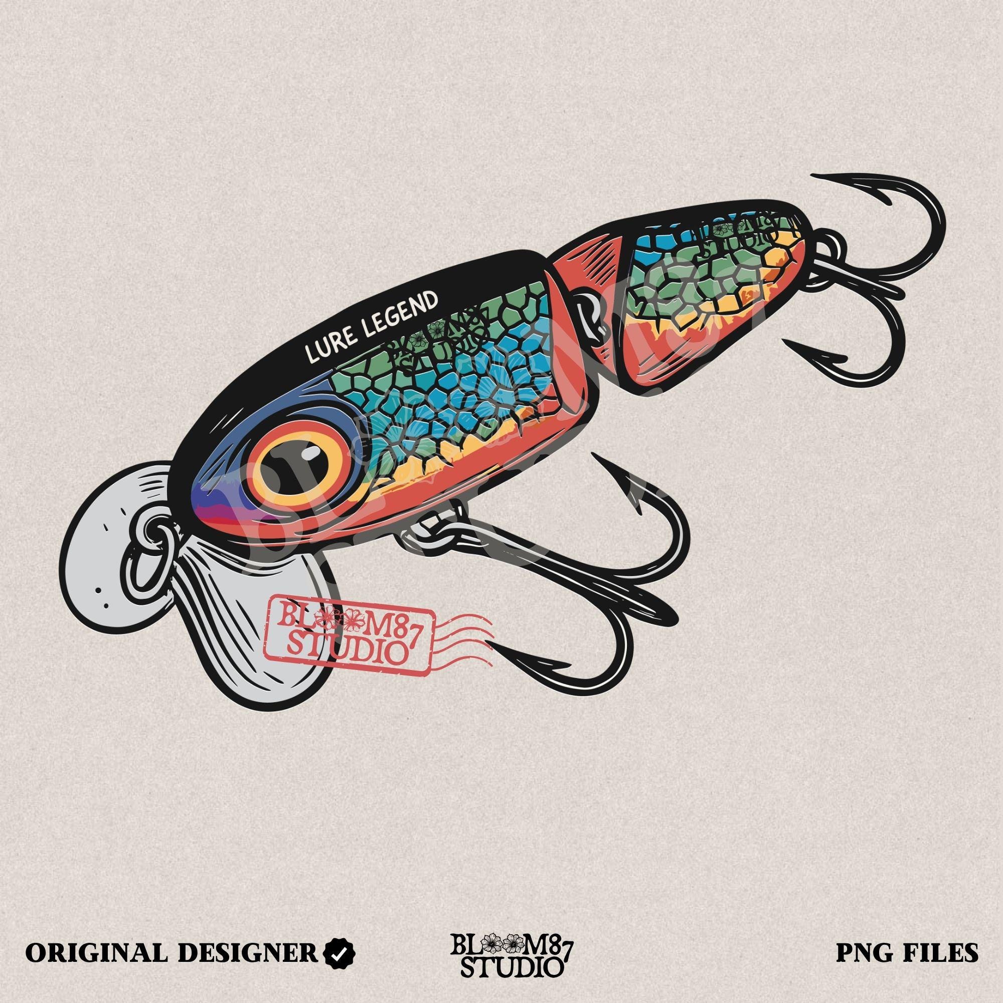 Colorful vintage fishing lure with rainbow scale pattern, metal hooks, and “Lure Legend” text – designed in bold cartoon style