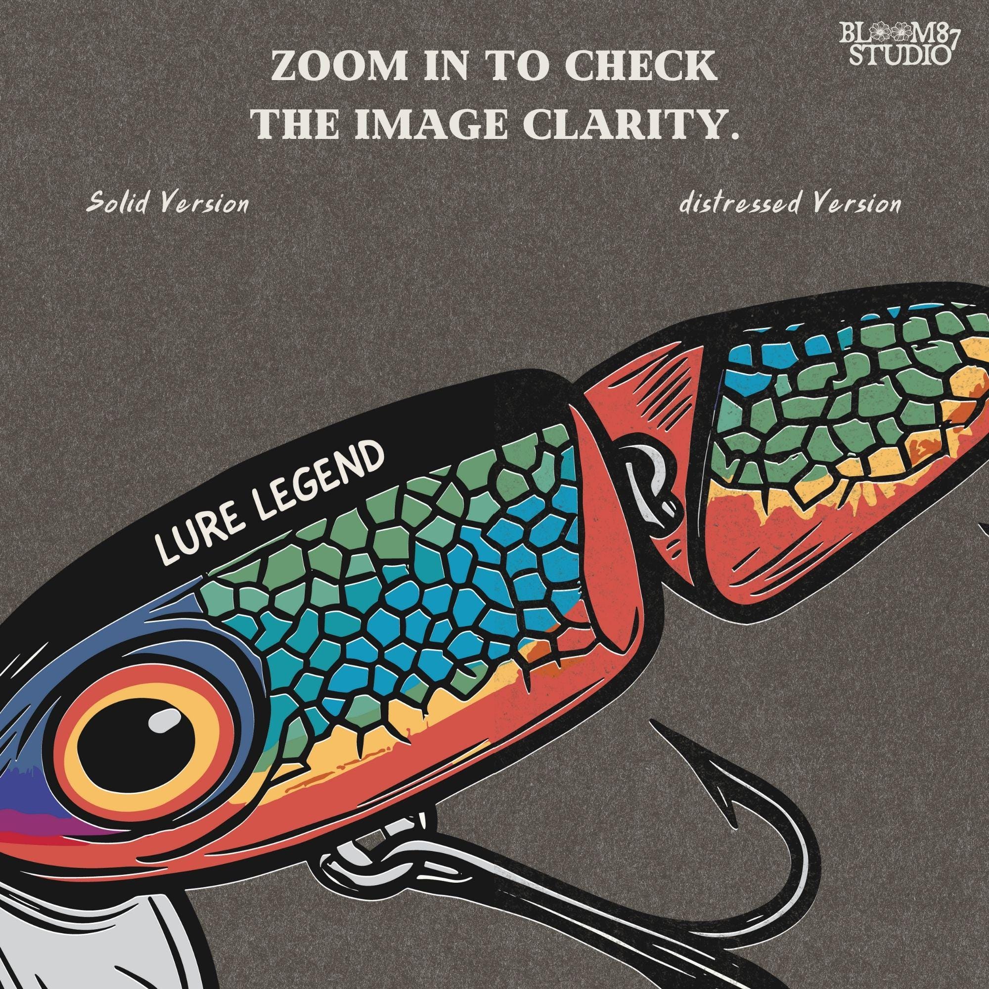 Colorful vintage fishing lure with rainbow scale pattern, metal hooks, and “Lure Legend” text – designed in bold cartoon style