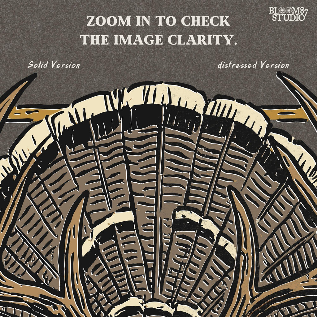 Illustration of a deer skull with antlers set in front of a fanned turkey tail and framed in a rustic square border