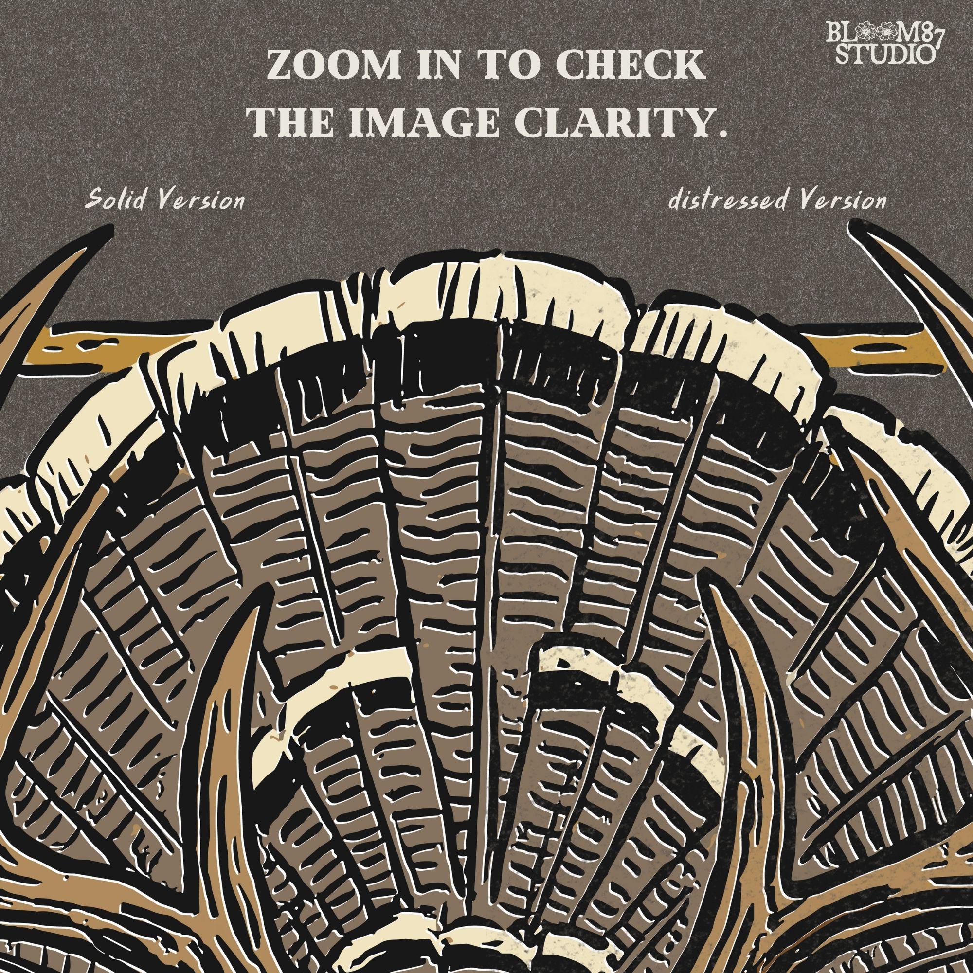 Illustration of a deer skull with antlers set in front of a fanned turkey tail and framed in a rustic square border